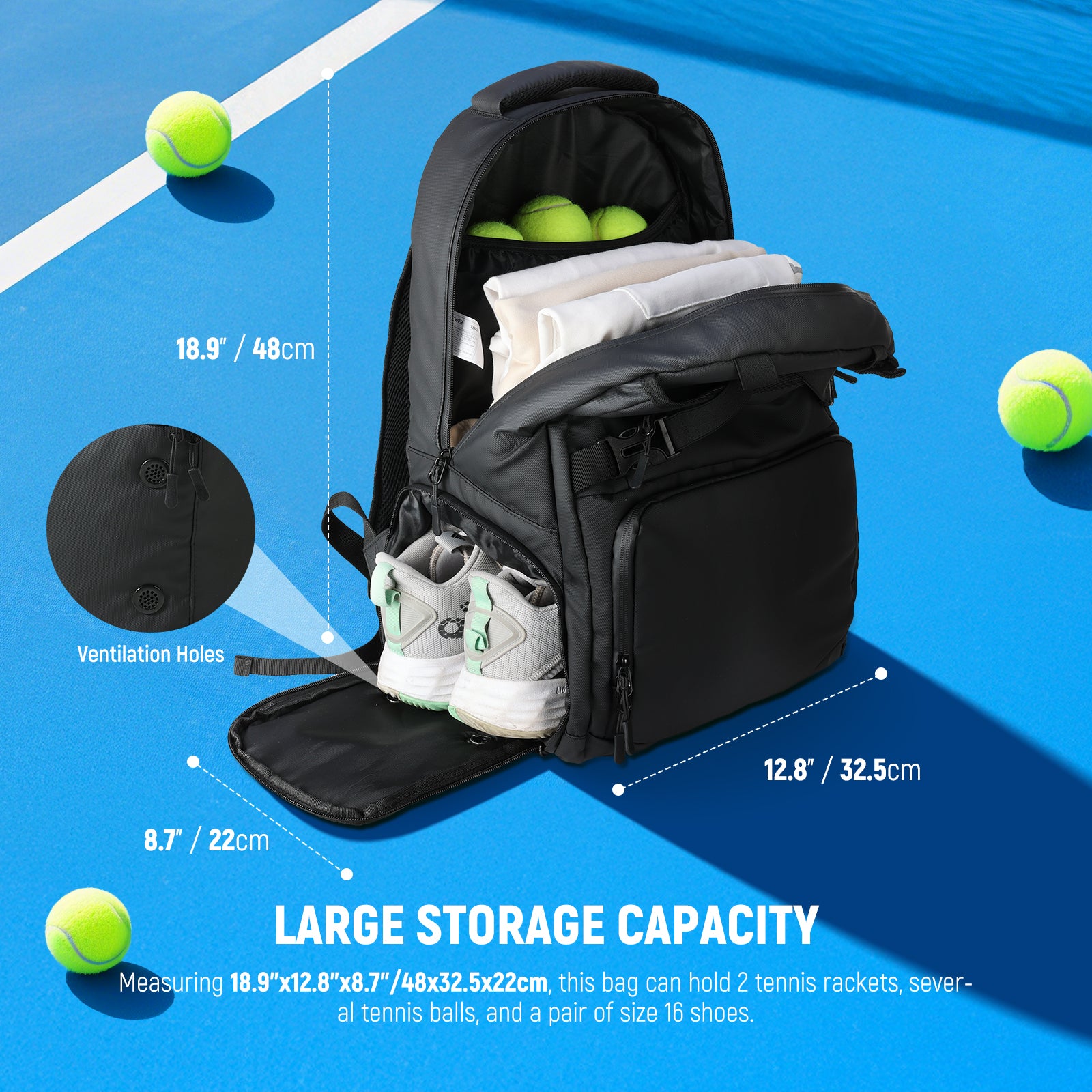 NEEWER TB02B Tennis Bag can hold 2 tennis rackets, several tennis balls, and a pair of size 16 shoes.