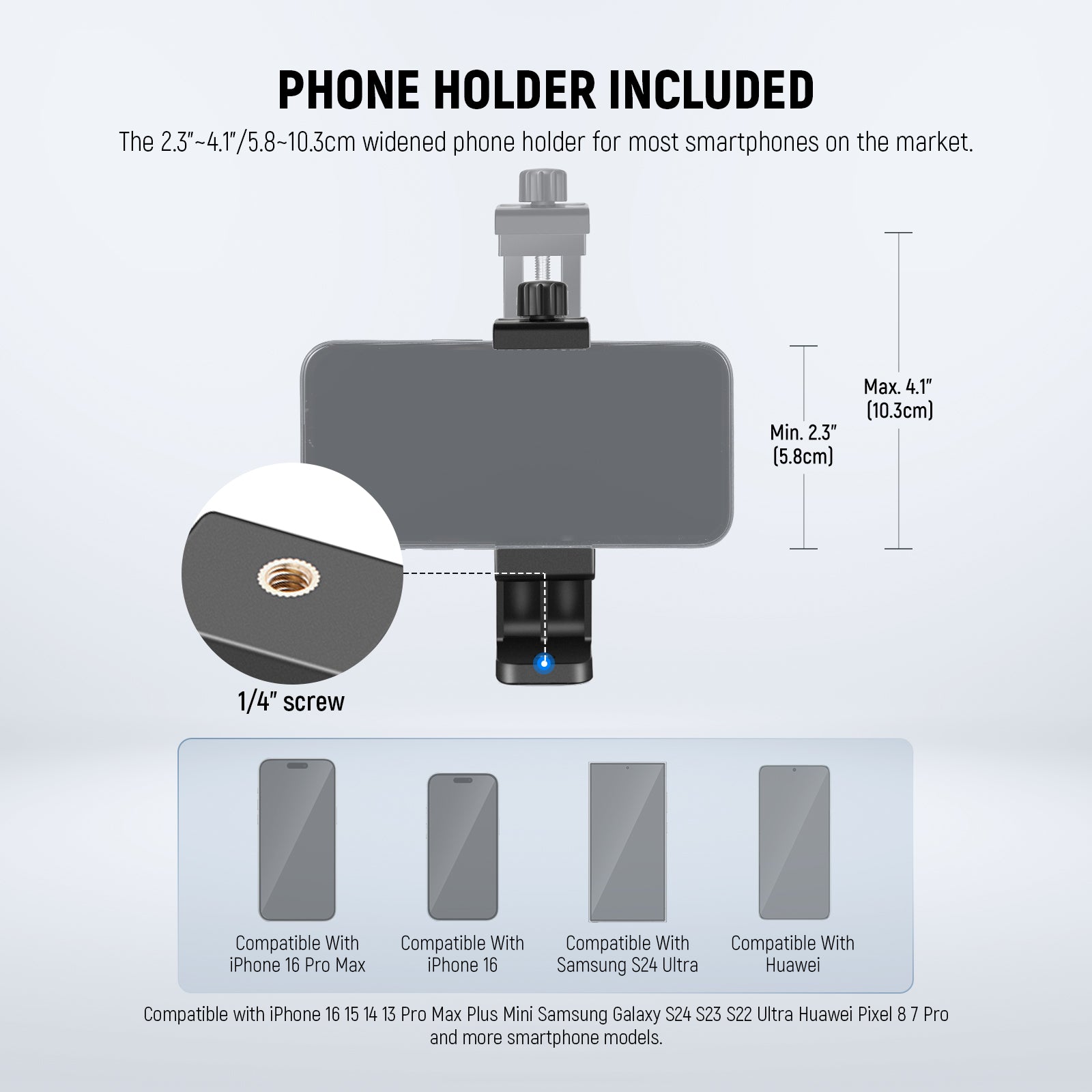 NEEWER TS03 Travel Phone Tripod Kit includes a widened phone holder.