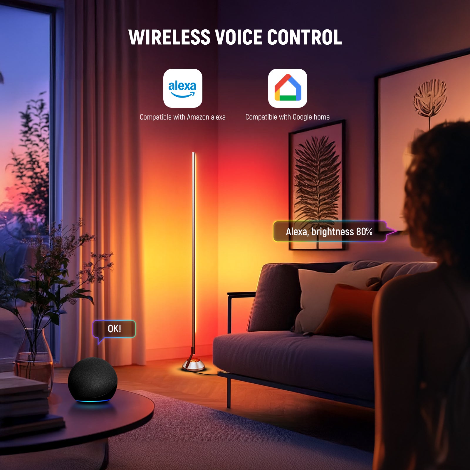 Compatible with Google Assistant Alexa, this modern ambient floor standing lamp supports smart voice control