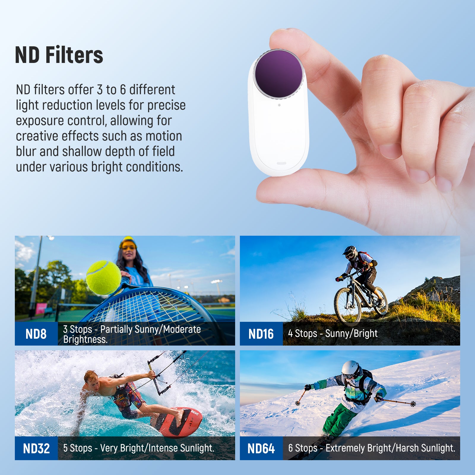 This set includes 4 ND filters, offering 3 to 6 different light reduction levels.