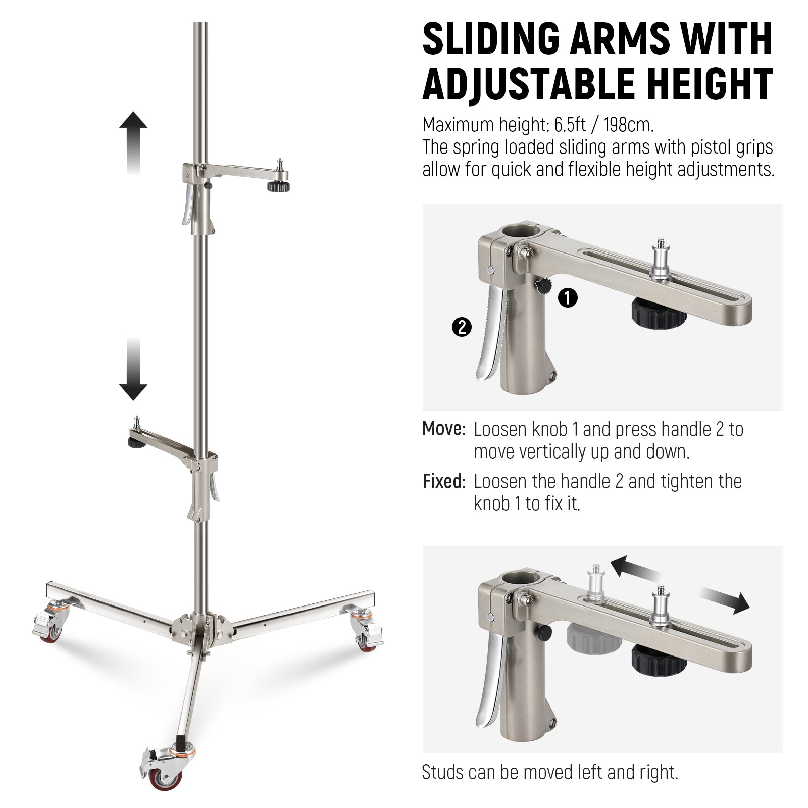 NEEWER ST198SS 6.5ft Heavy Duty Light Stand With Wheels allows for quick and flexible height adjustments.