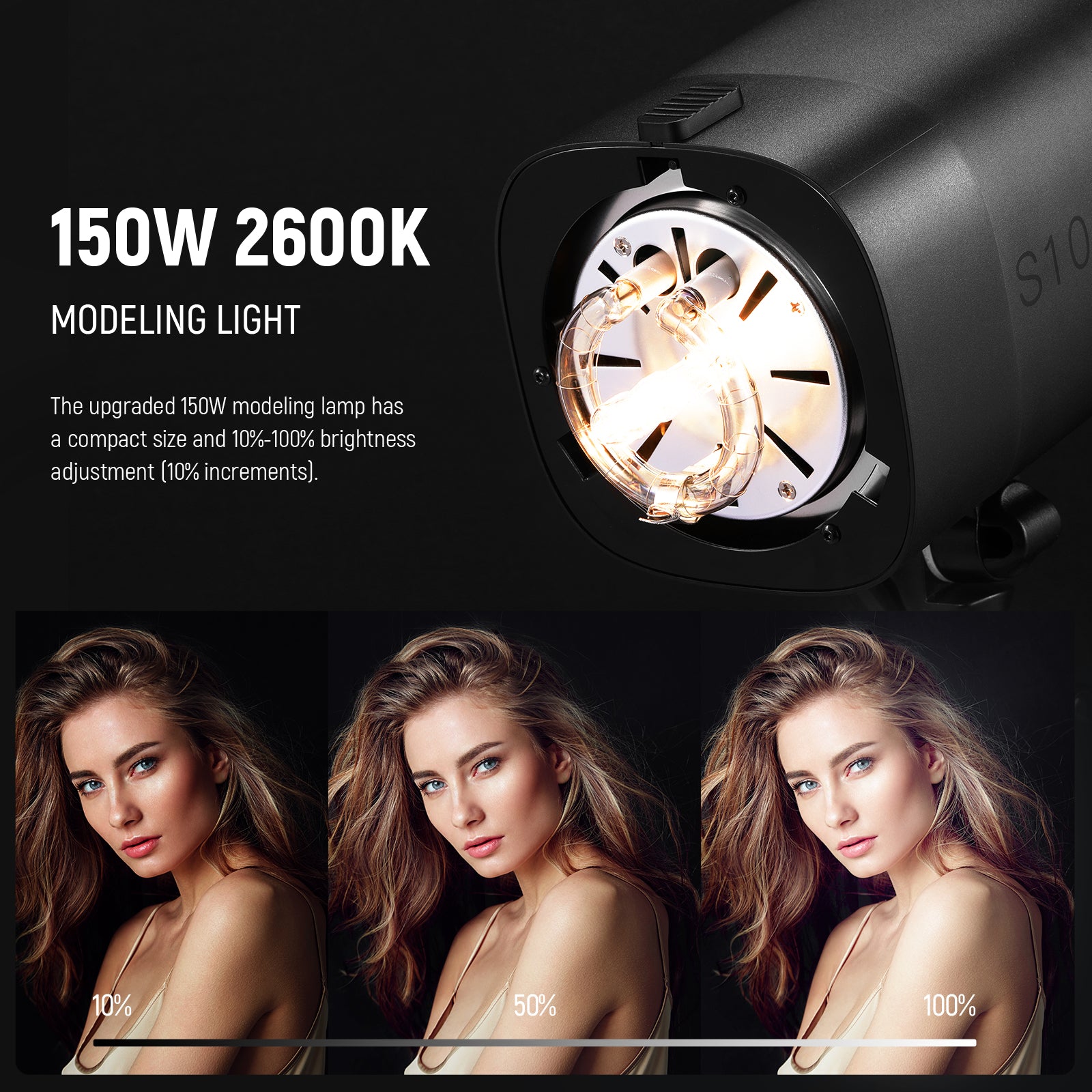NEEWER S101-400W PRO Studio Strobe has an upgraded 150W LED modeling lamp (2600K)