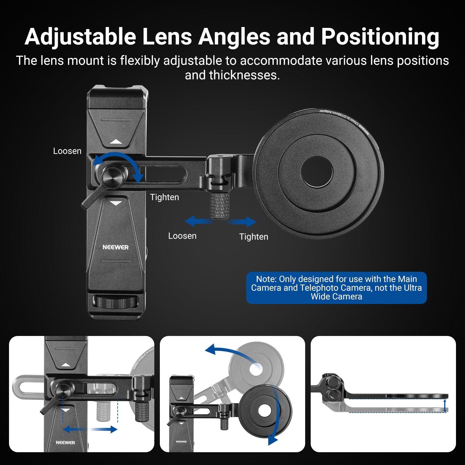 The lens mount is flexibly adjustable to accommodate various lens positions and thicknesses.