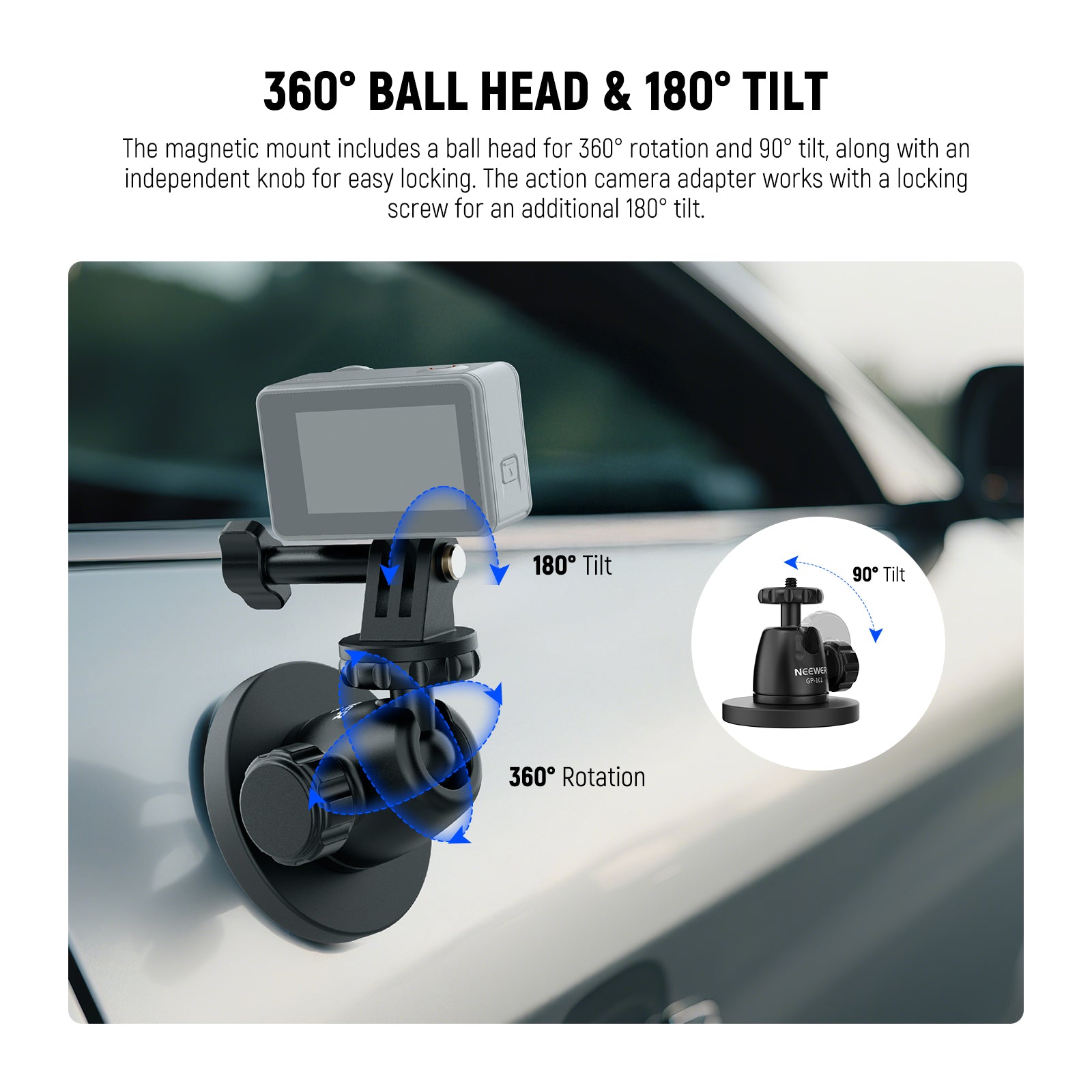 The magnetic mount includes a ball head for 360° rotation and 90° tilt