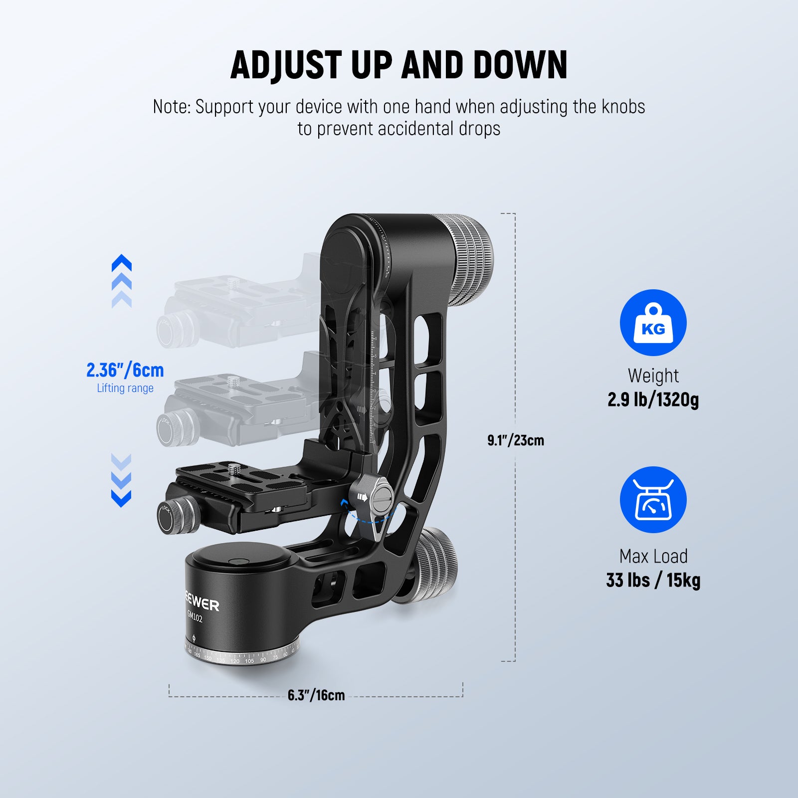 NEEWER GM102 Tripod Gimbal Head can be adjusted up and down.