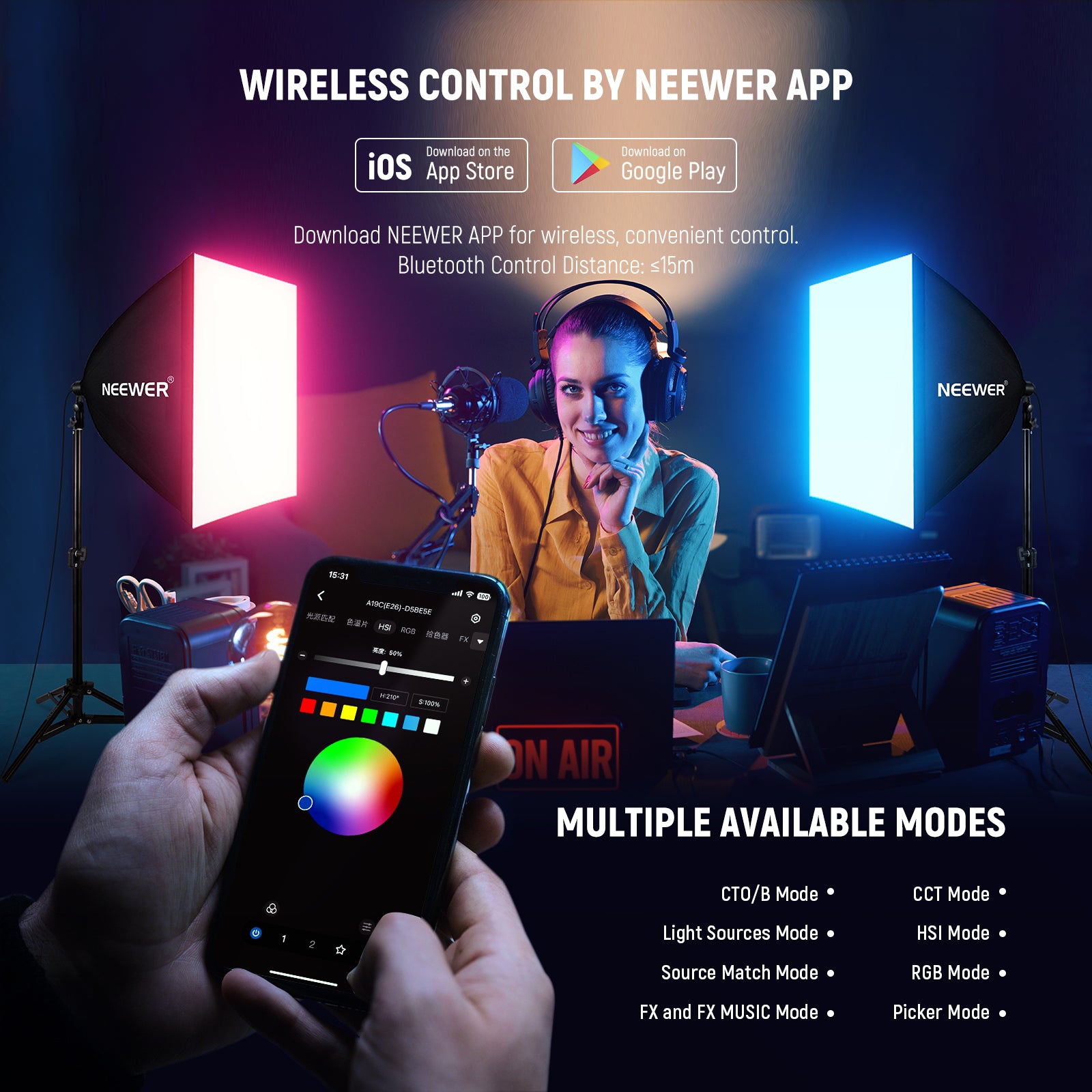 NEEWER NK004 RGB Softbox Lighting Kit can be controlled by the NEEWER APP.