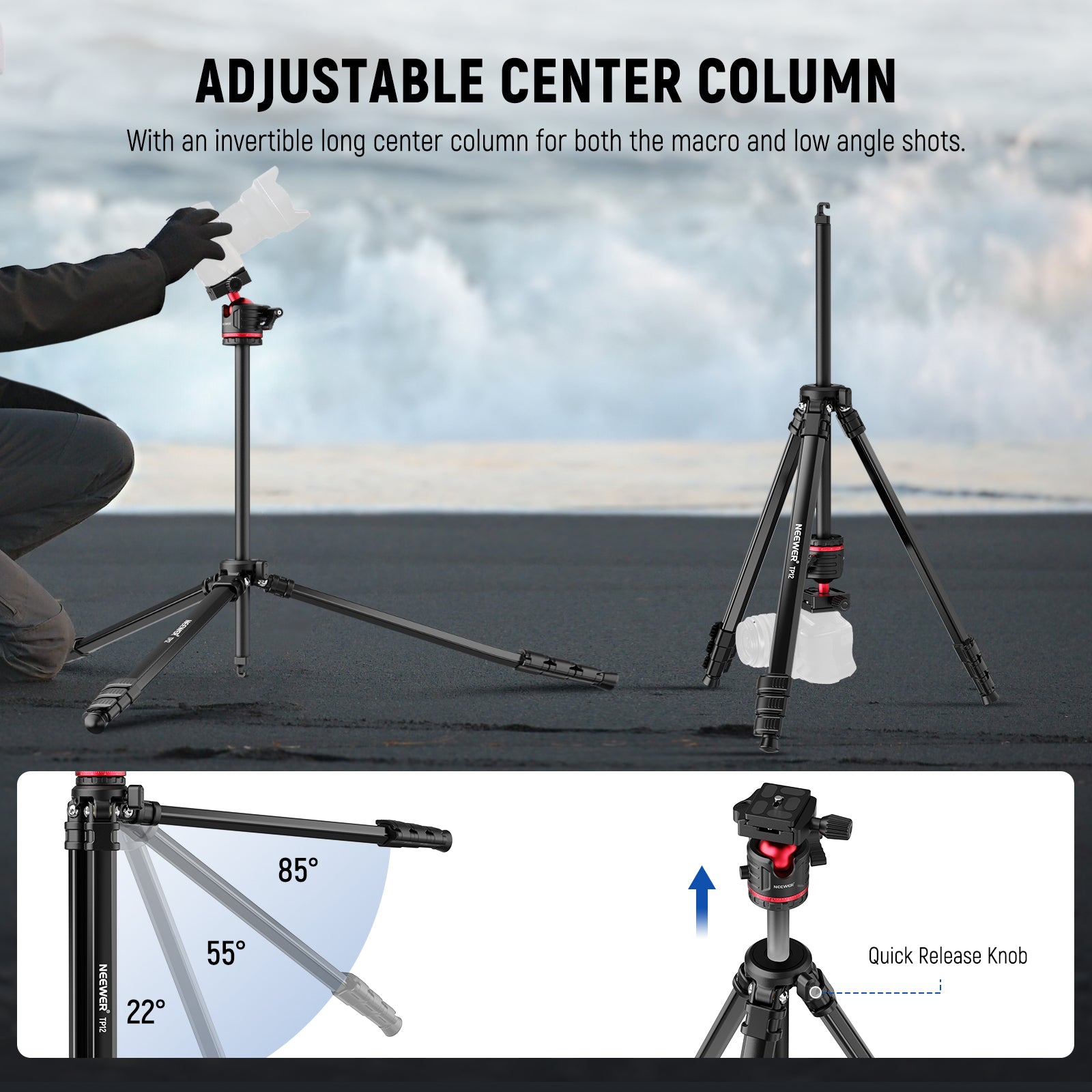 NEEWER TP12 Compact Travel Tripod features an invertible long center column.