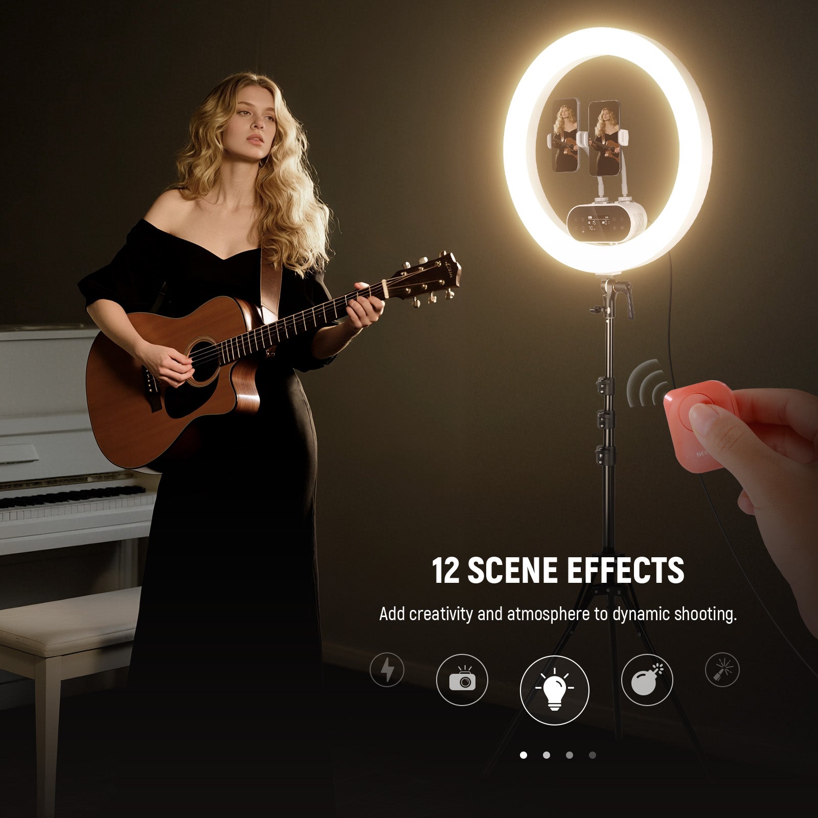 NEEWER RH100B LED Ring Light features 12 scene effects.