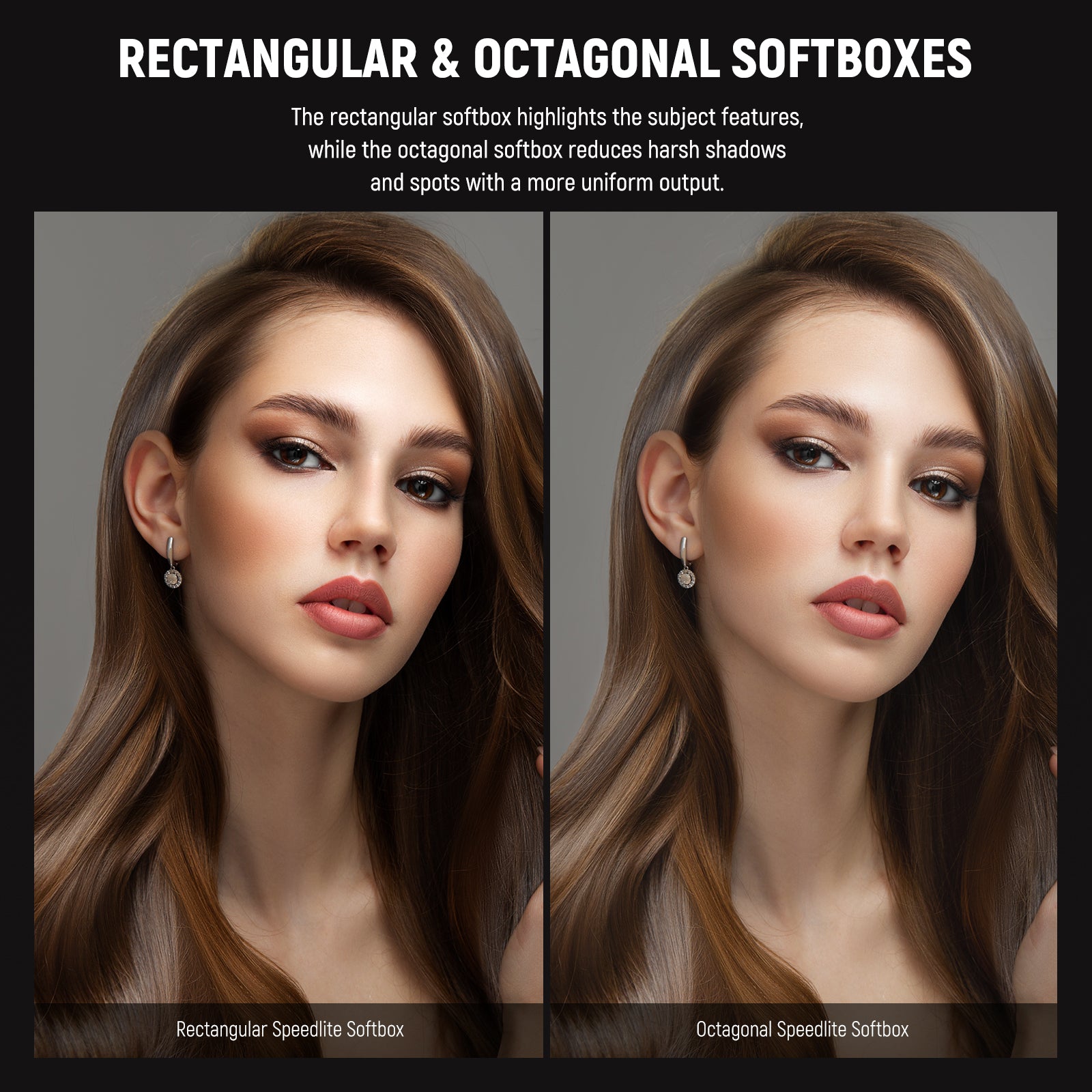 The 6" x 5" rectangular softbox creates a linear and widened light output