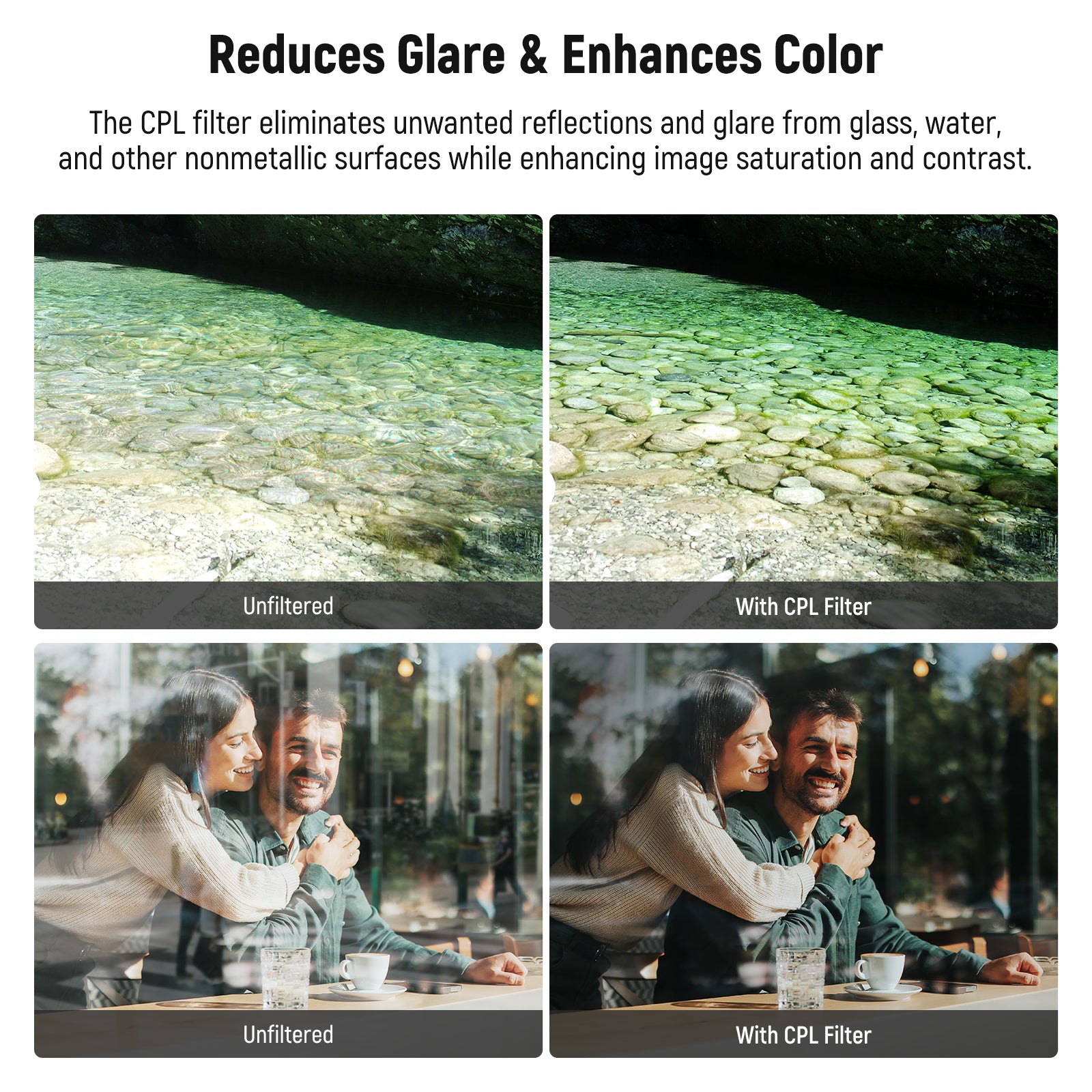 The 67mm CPL (circular polarizer) filter eliminates reflections from water