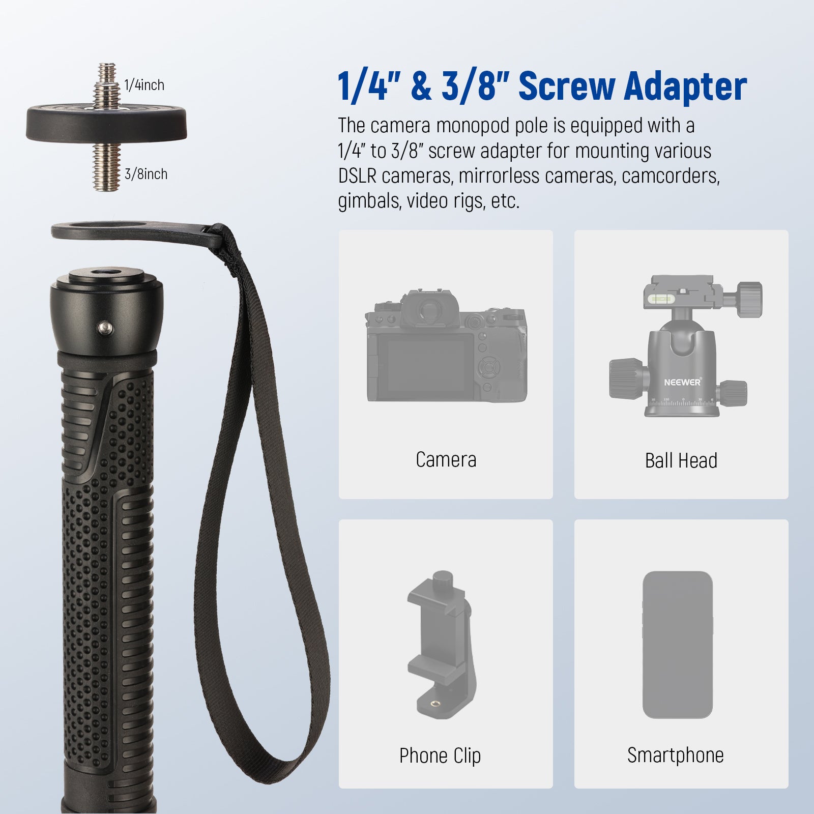 NEEWER TP42 Camera Monopod features a 1/4" to 3/8" Screw Adapter