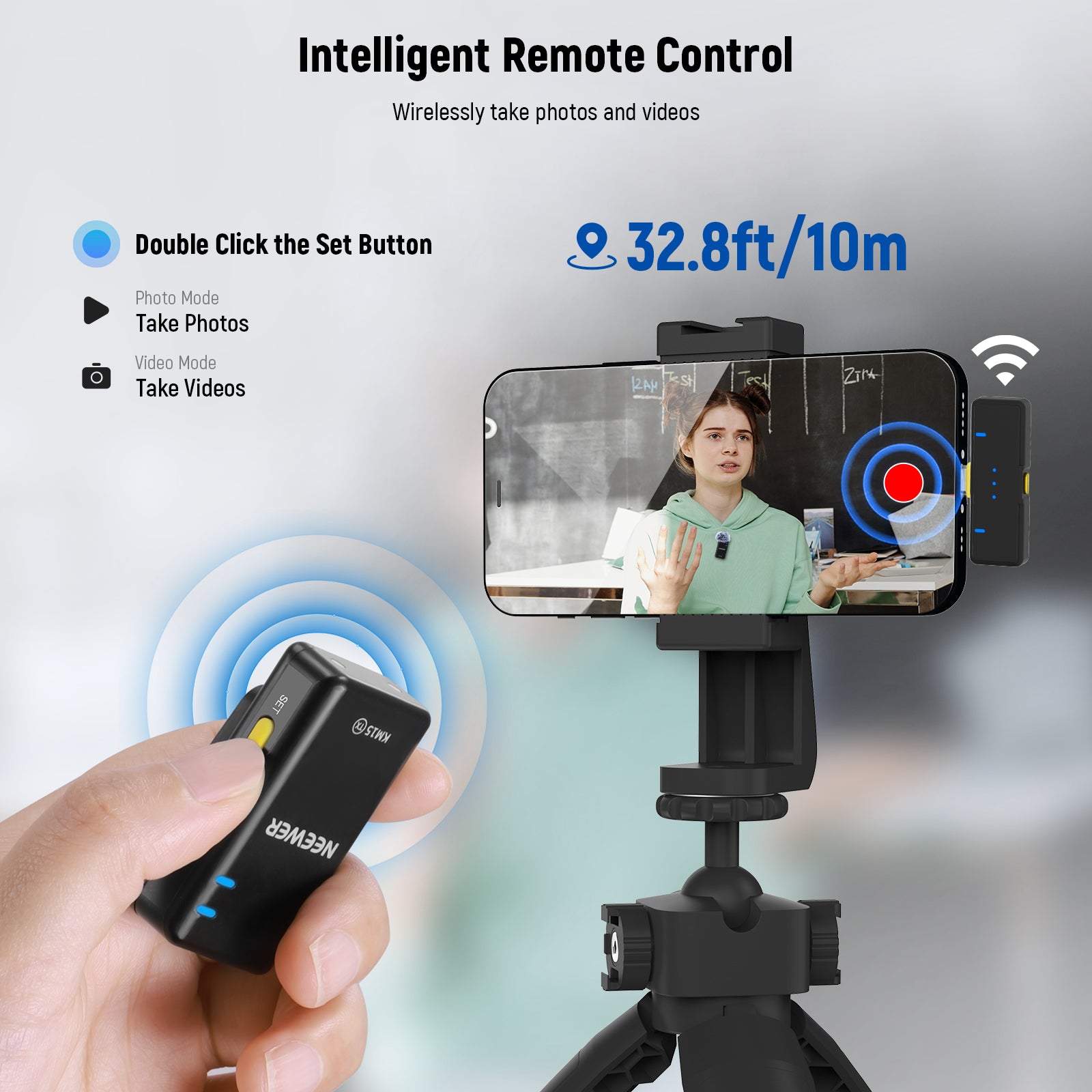 NEEWER KM15 USB C Wireless Lavalier Microphone Set supports inelligent remote control.