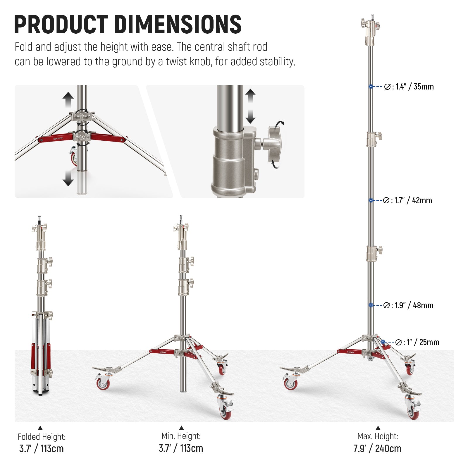 Product dimensions of the NEEWER ST240SS Rolling Light Stand