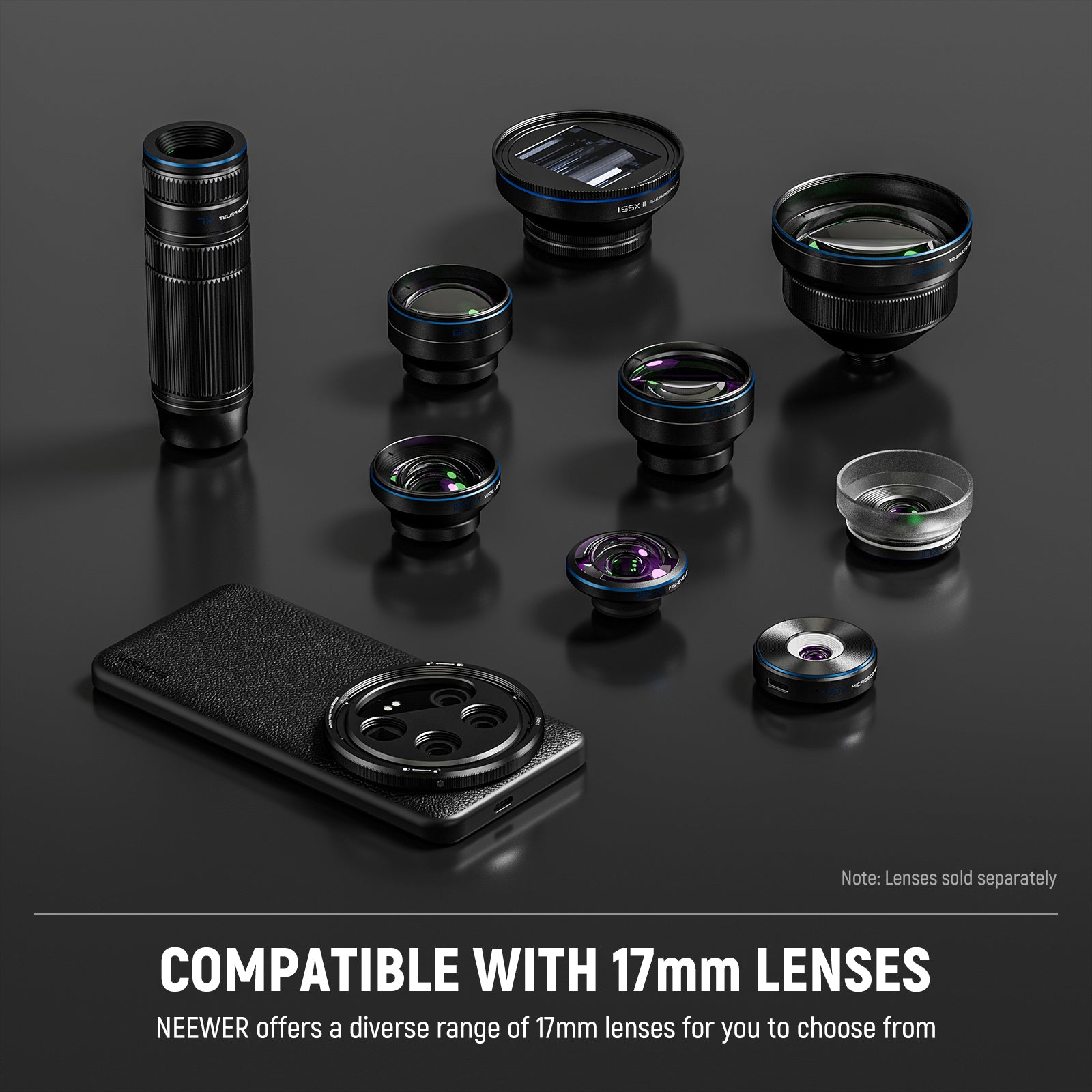 NEEWER PA051 Black Case for Xiaomi 14 Ultra with Adapters is compatible with 17mm lenses.