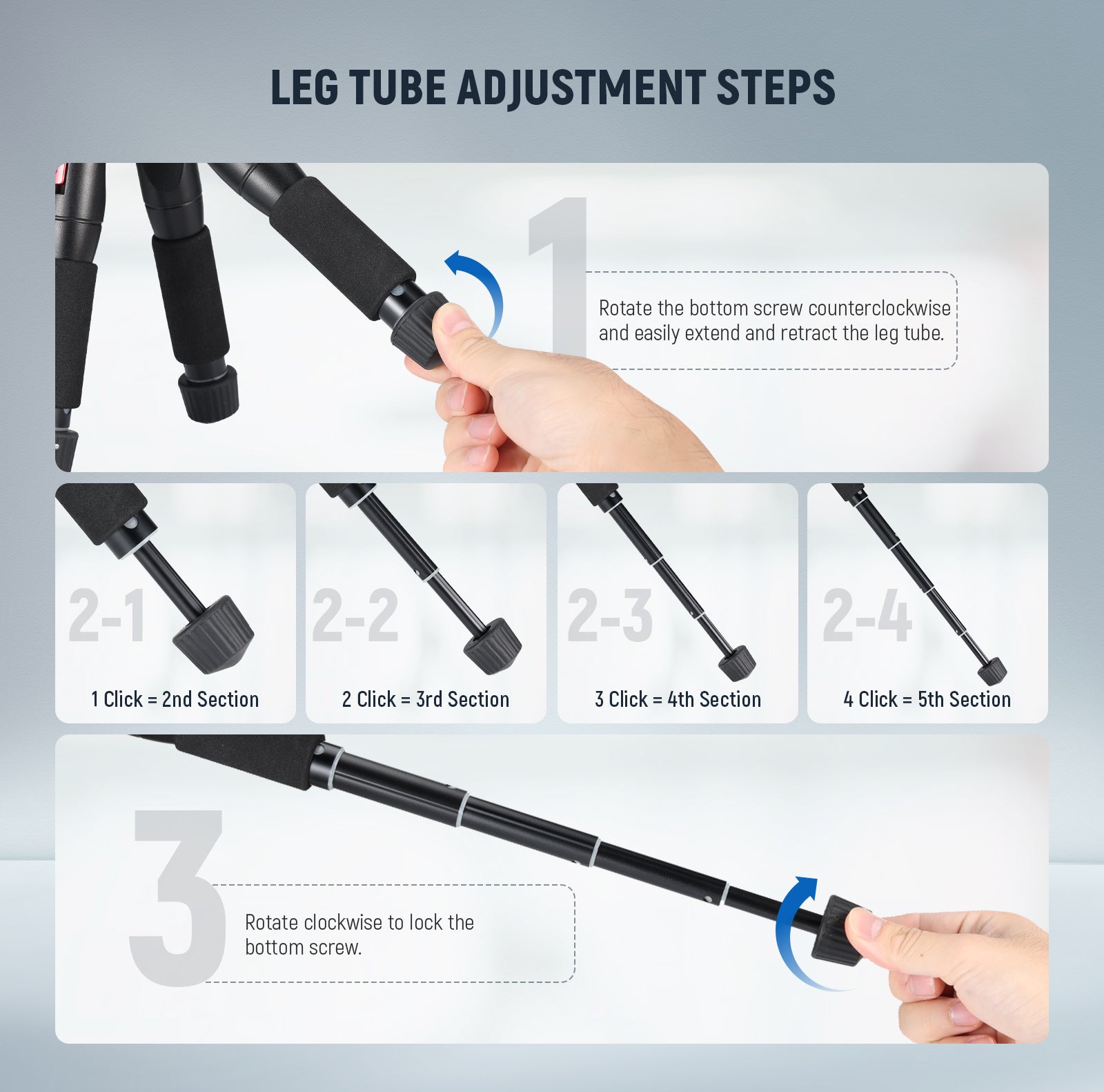 Leg tube adjustment steps of the NEEWER M521 Mini Camera Tripod
