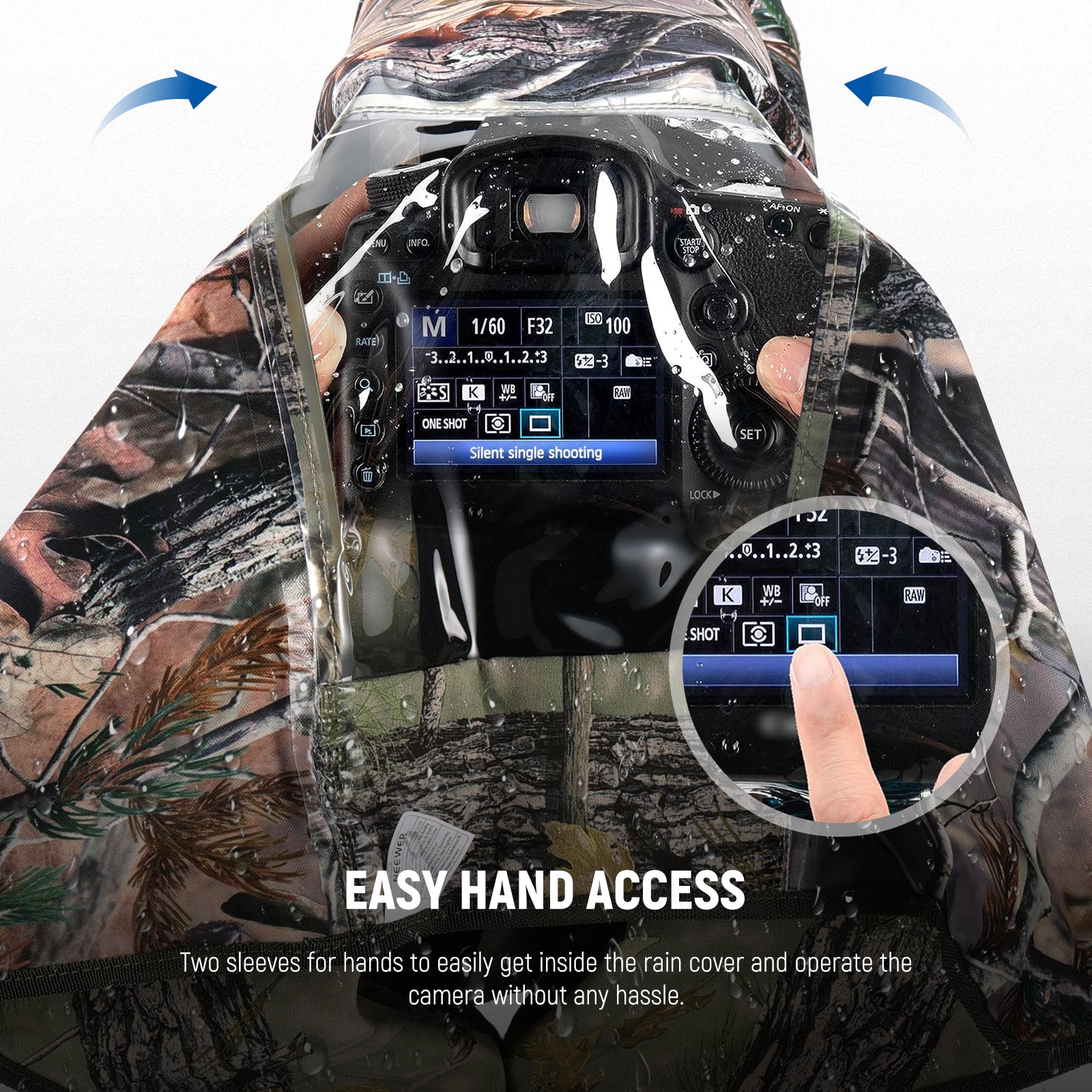 Two sleeves for hands to easily get inside the rain cover