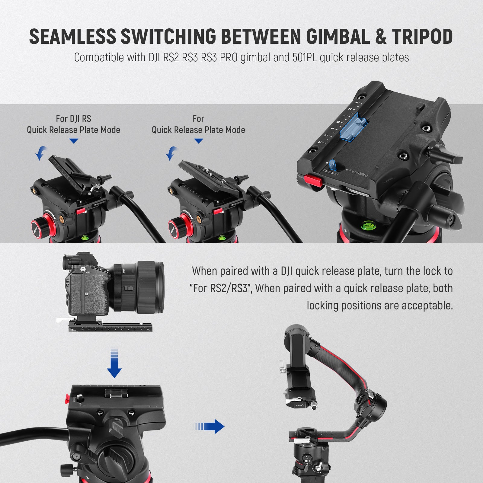 NEEWER GM006 Pro Video Tripod Fluid Head can seamlessly switch between gimbal and tripod.