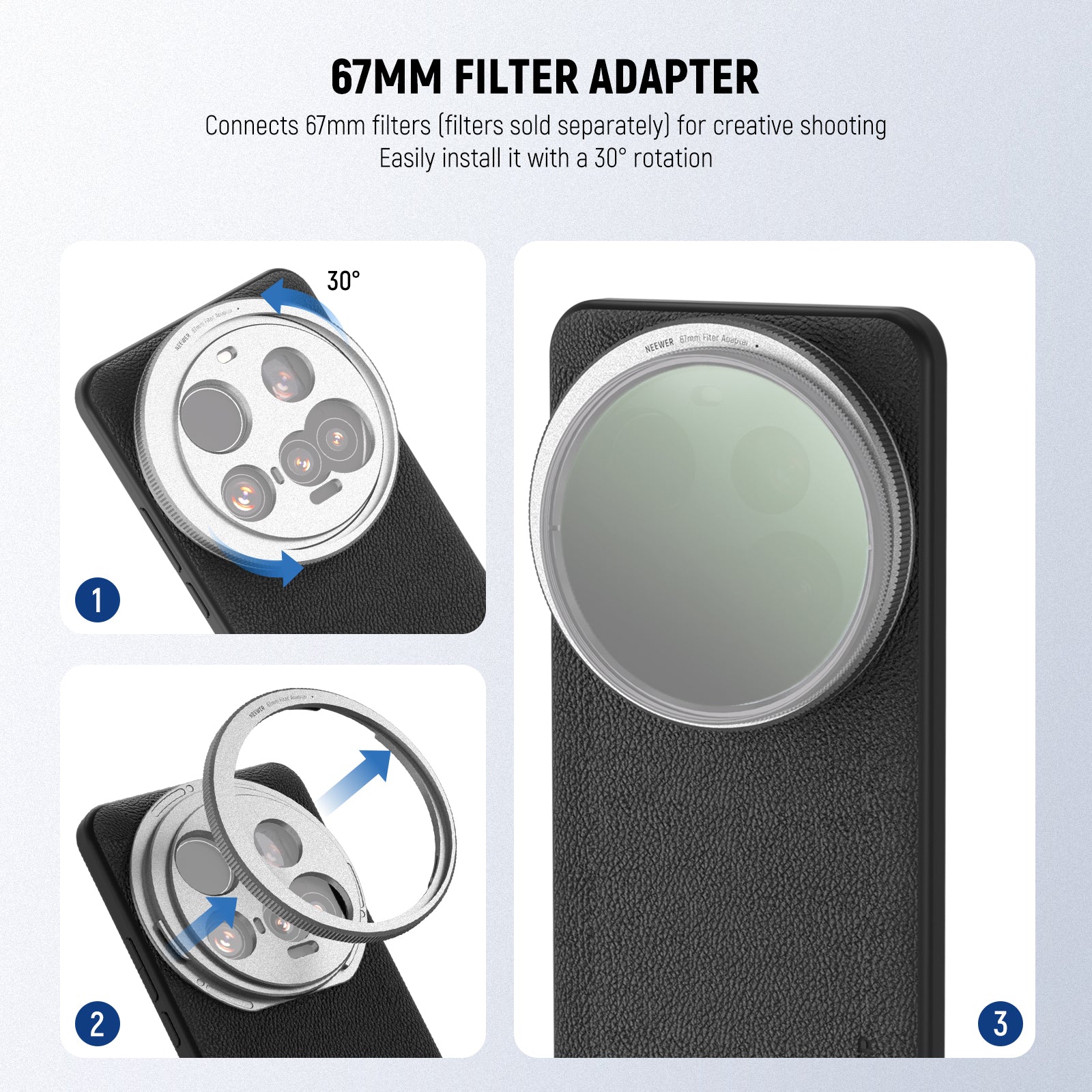 A 67mm filter adapter connects ND, CPL, diffusion, light pollution, and gradient filters