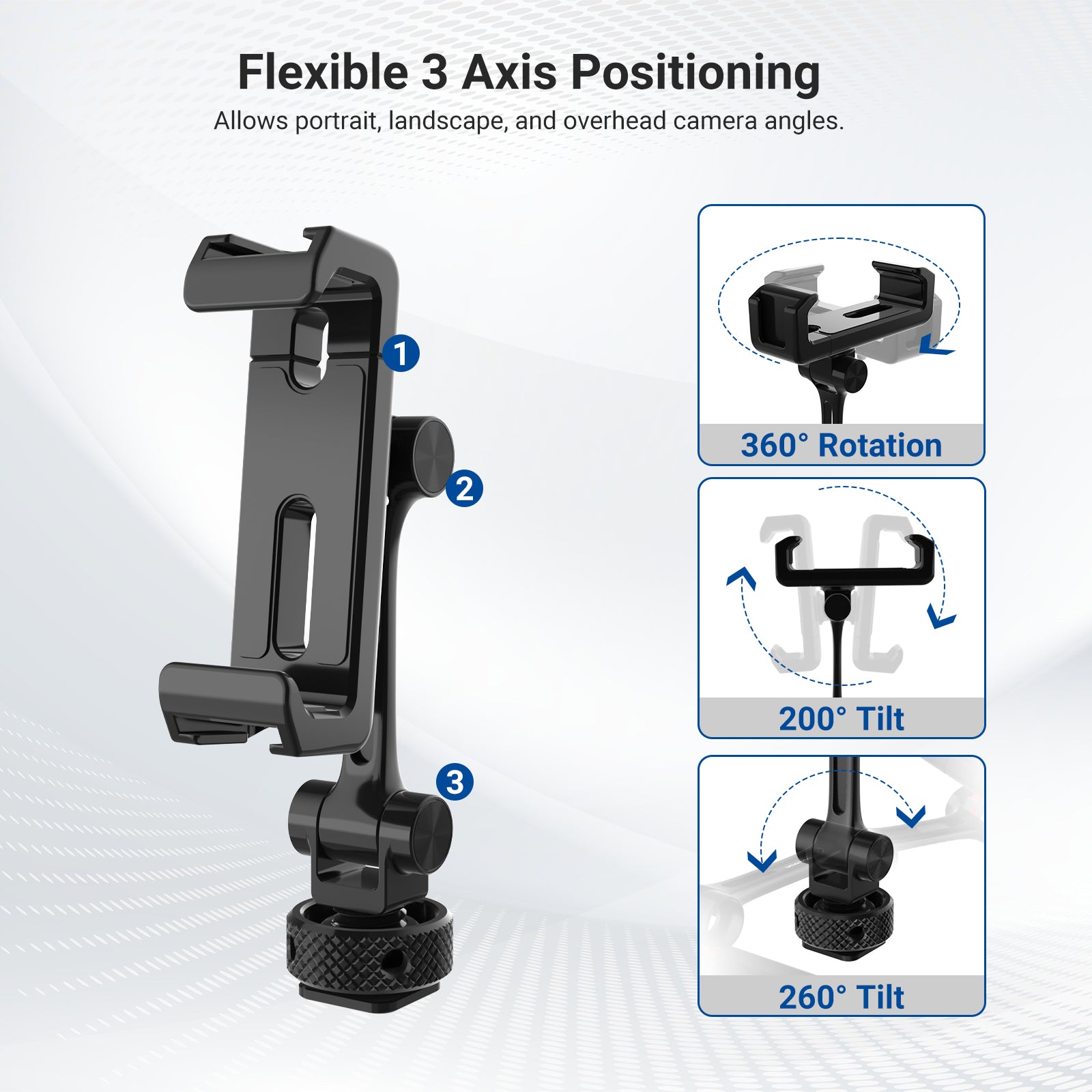 NEEWER PA154 Metal Phone Holder allows portrait, landscape, and overhead camera angles.