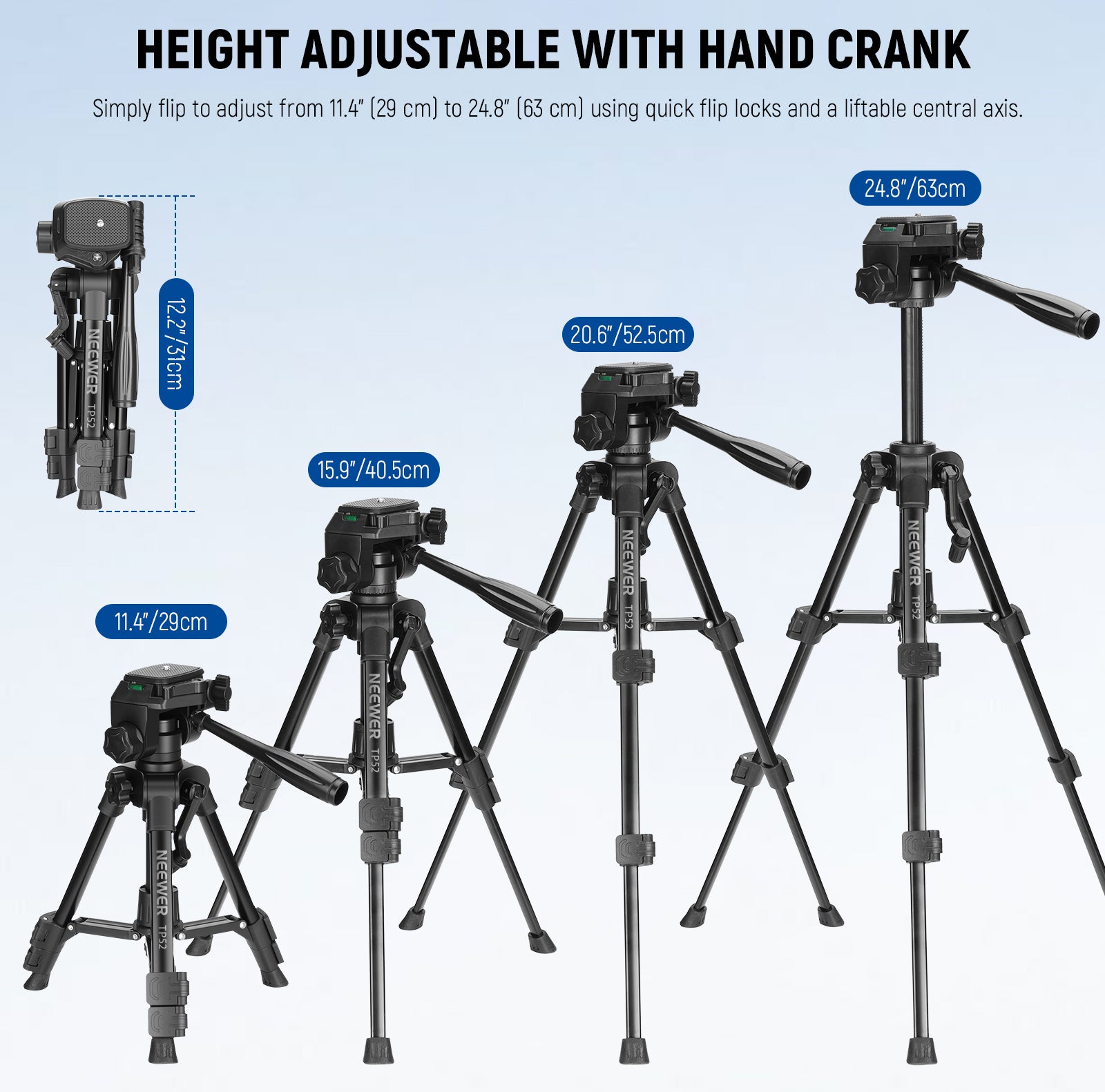 NEEWER TP52 Mini Desk Tripod can be easily adjust in height from 29cm to 63cm.