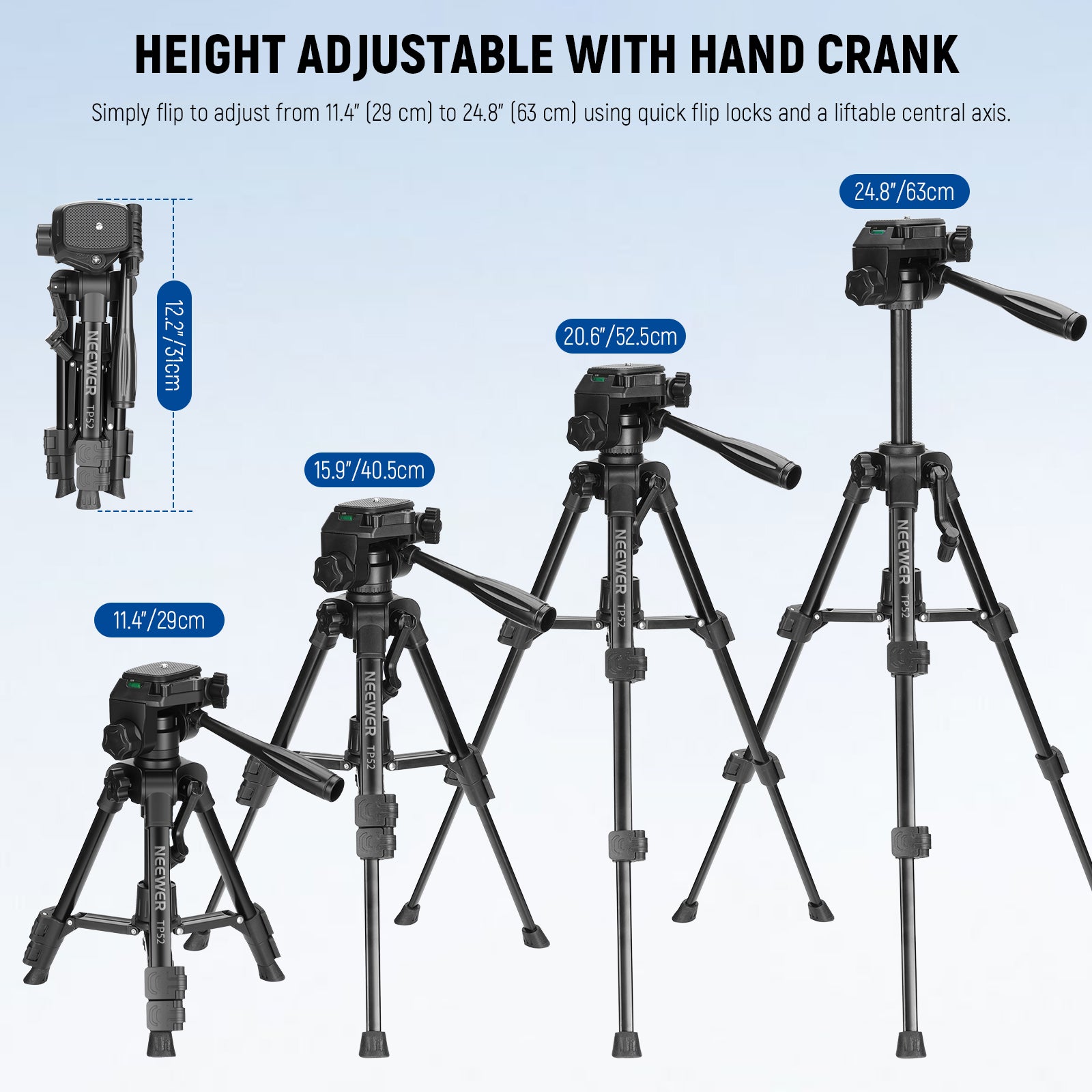 NEEWER TP52 Mini Desk Tripod can be easily adjust in height from 29cm to 63cm.