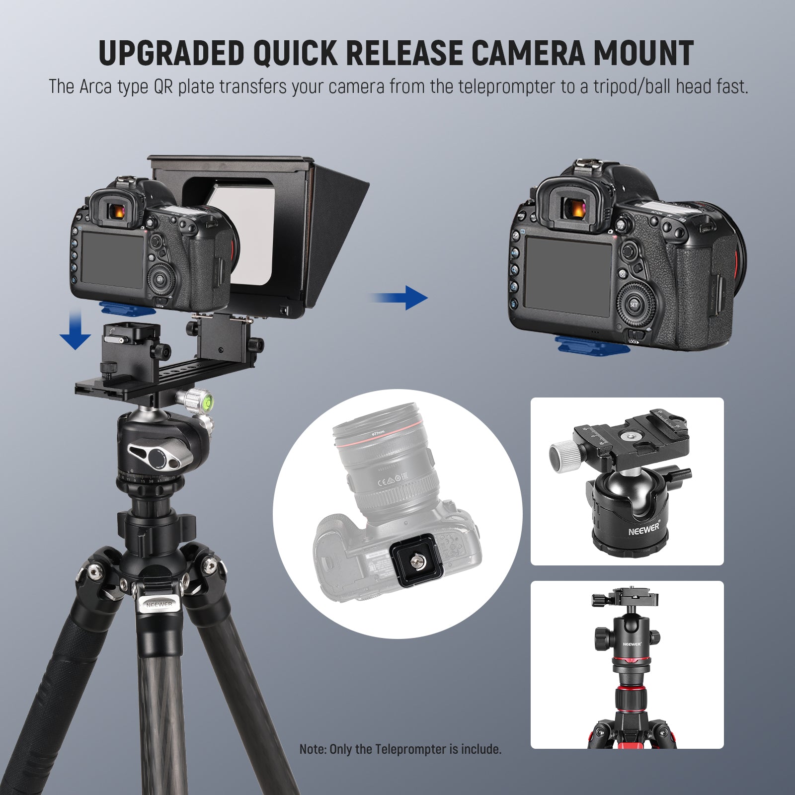 NEEWER X1 Pro II Camera Teleprompter features a Arca type QR plate.