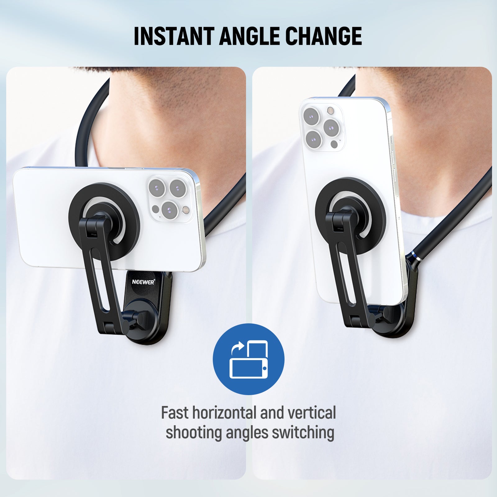 NEEWER GP-16 Magnetic Phone Neck Mount supports horizontal and vertical shooting.