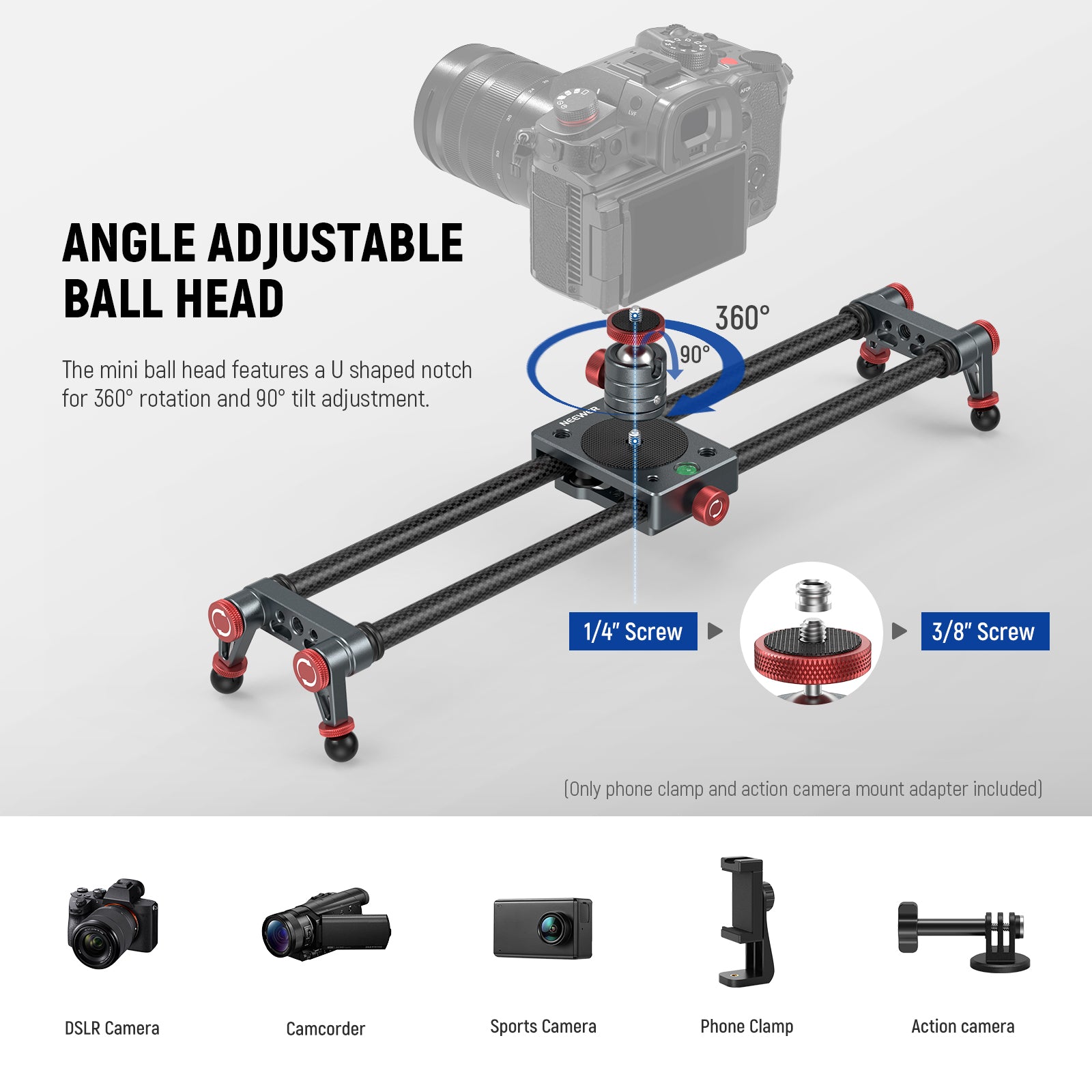 NEEWER CS1M/CS2M Carbon Fiber Camera Slider features angle adjustable ball head.