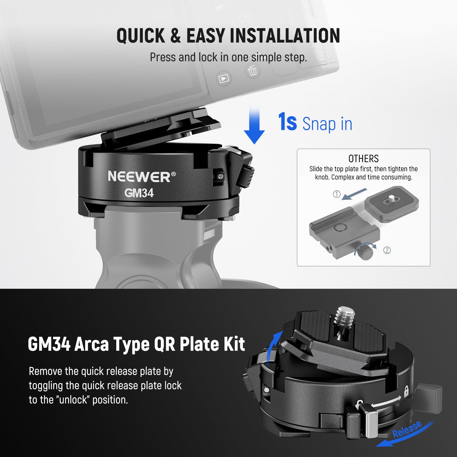 NEEWER GM34 Camera Quick Release Plate is easy and quick to install.