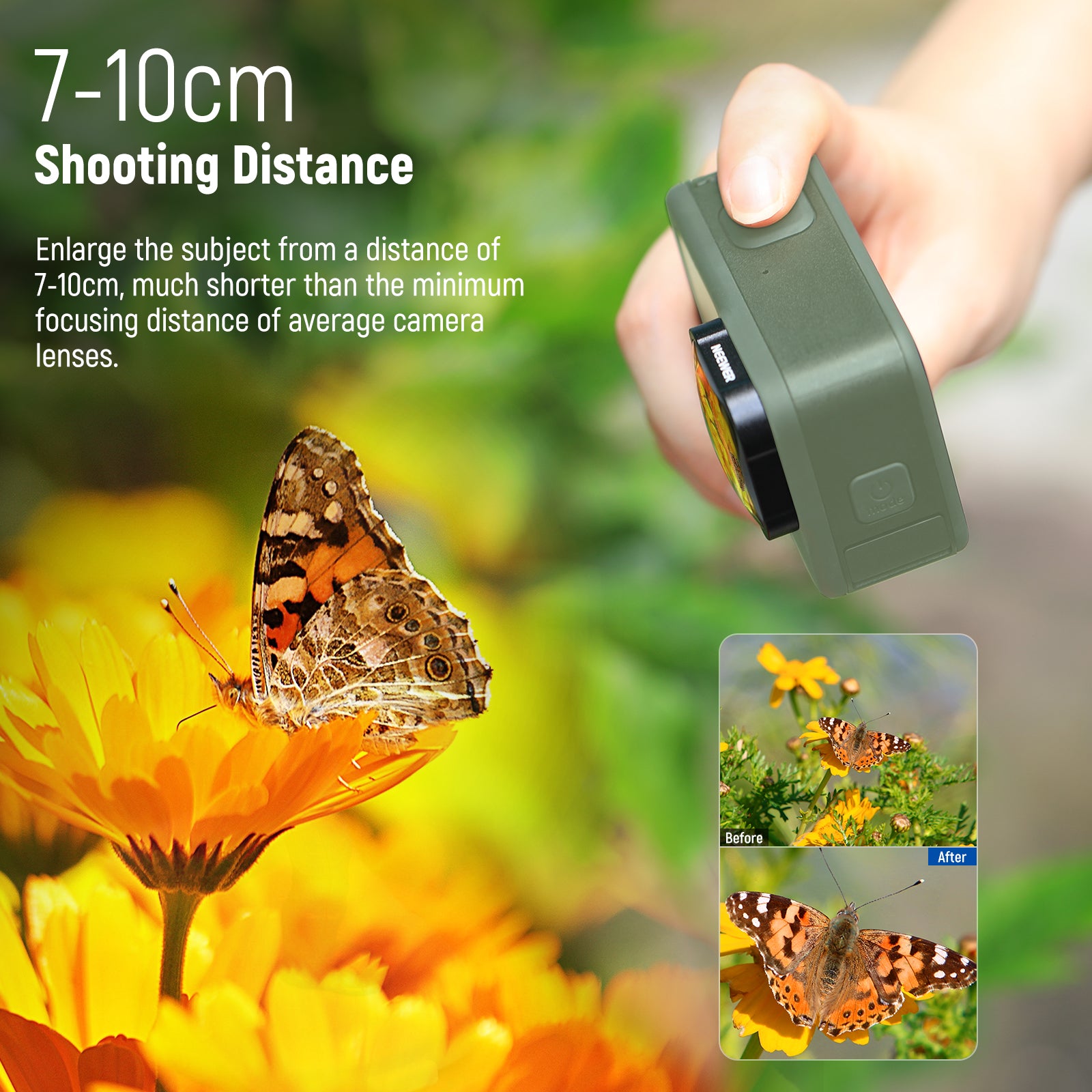 This macro lens features a 7-10cm best focus distance