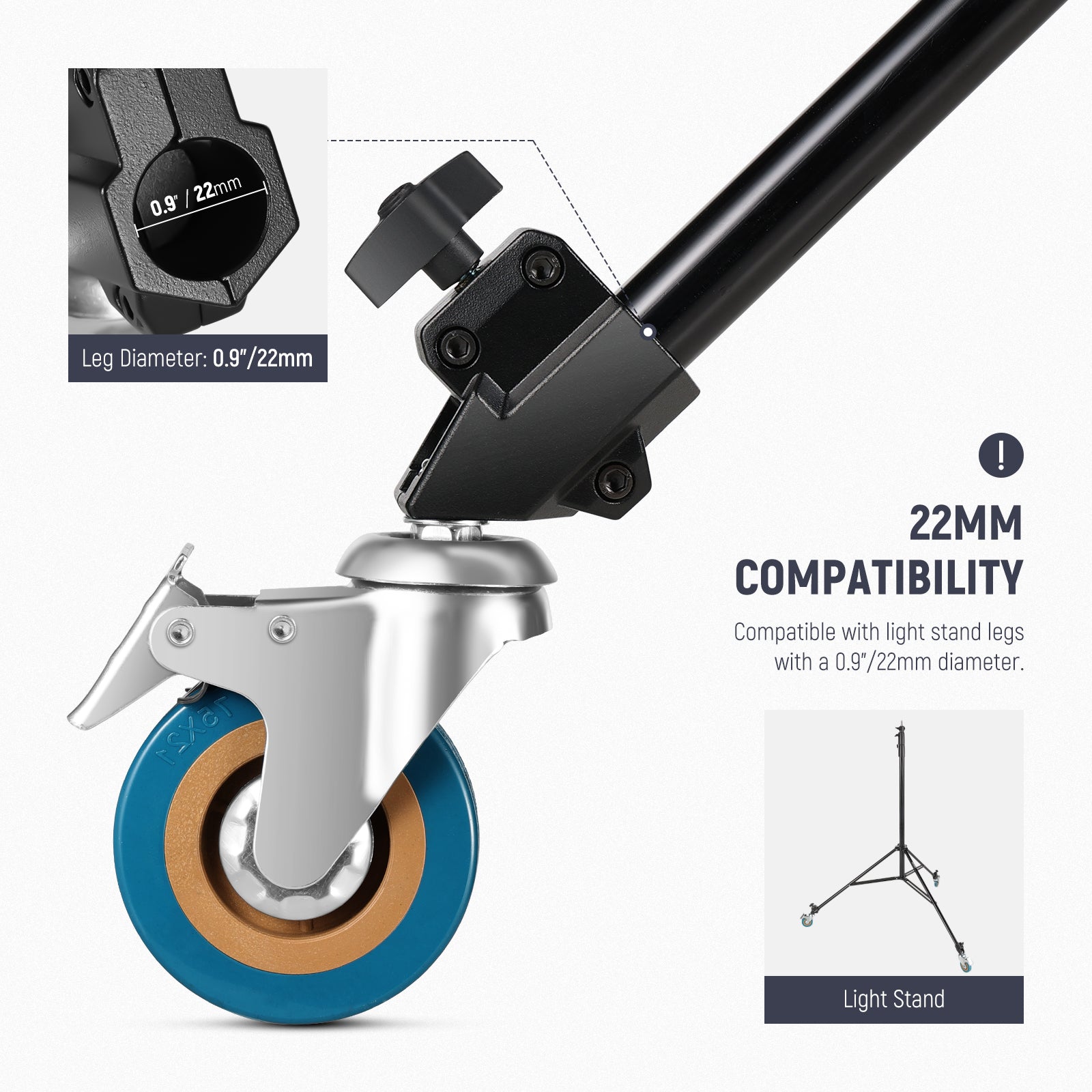 NEEWER ST001 Swivel Caster Wheel is compatible with light stand legs with a 22mm diameter.