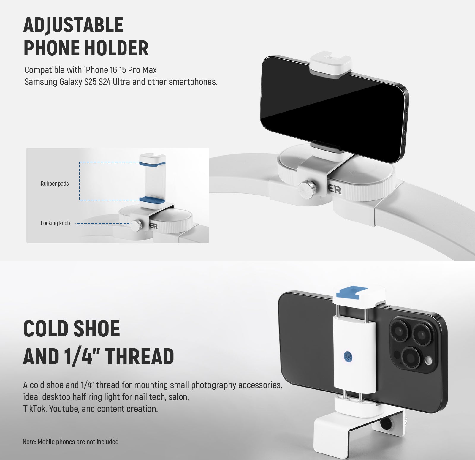 The cell phone holder of this portable NEEWER LED half circle ring light for desk is widely compatible.