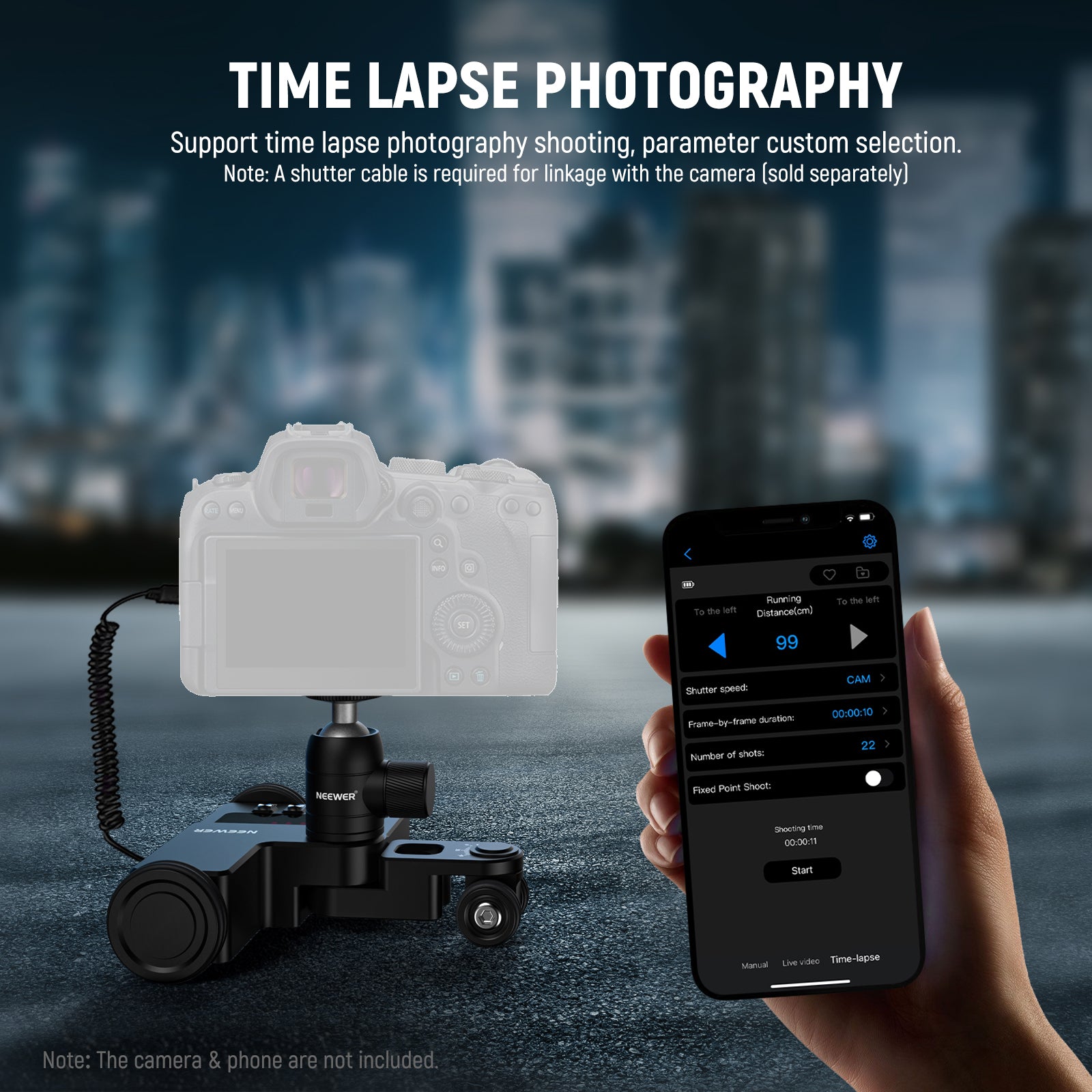 NEEWER DL200 Motorized Camera Dolly supports time lapse photography shooting.