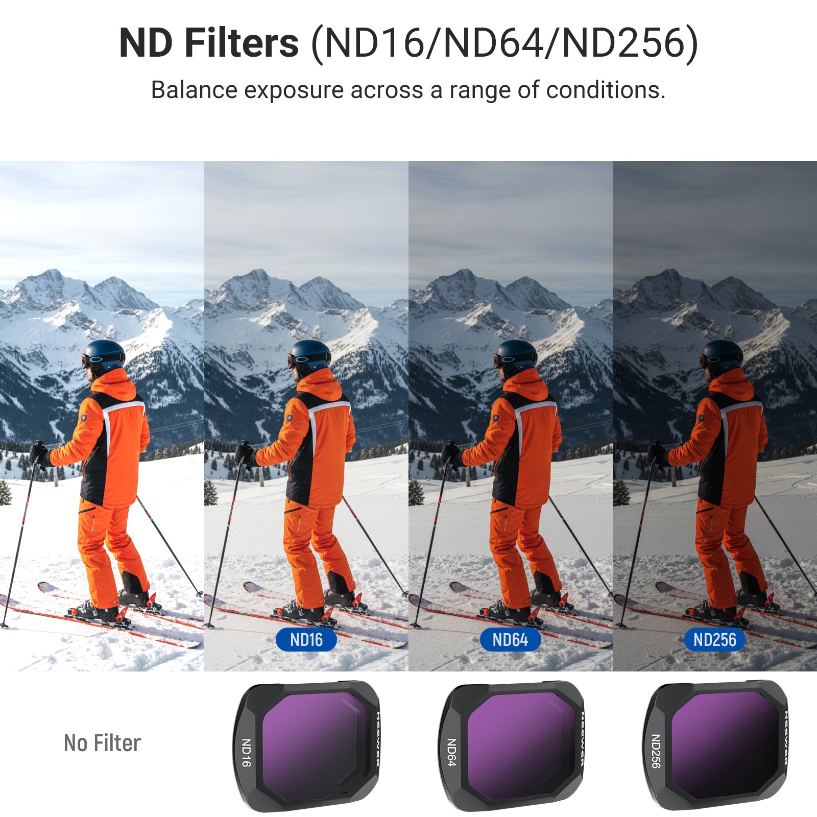 The effect of different NEEWER ND filters for Pocket 4(ND Filter, ND16, ND64, ND256) on a bright alpine skiing scene