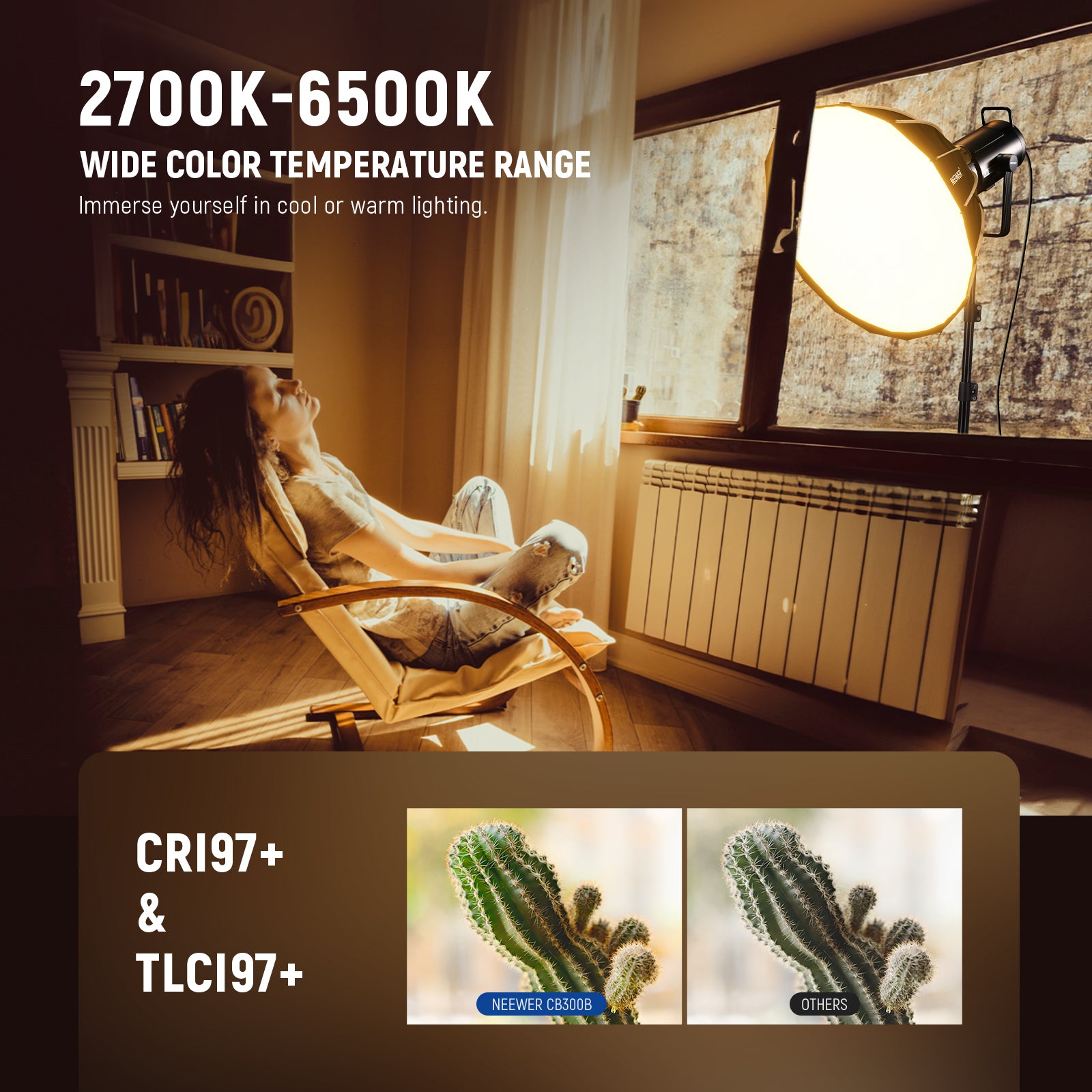 NEEWER CB300B Bi-Color Continuous Light has wide color temperature range.