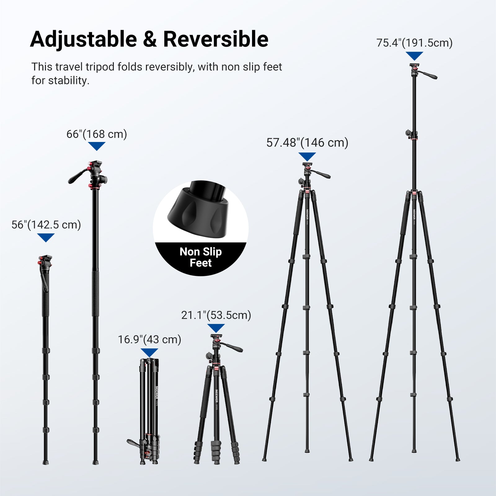 NEEWER TP015 Overhead Camera Tripod adjusts from 21.1" to 75.4" with reversible legs and non slip feet for stability.