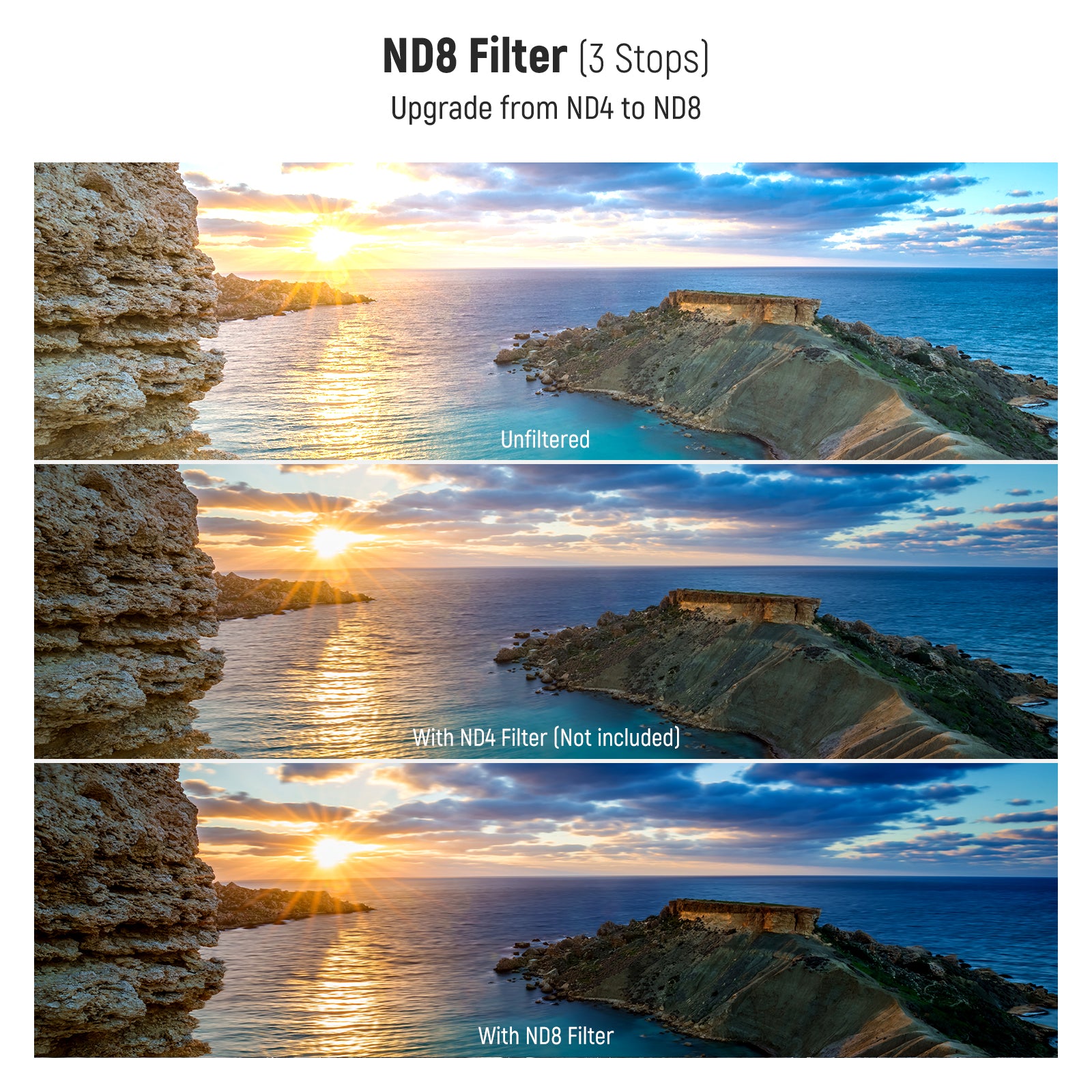 a ND8 filter that reduces light by 3 stops to create dynamic motion blur