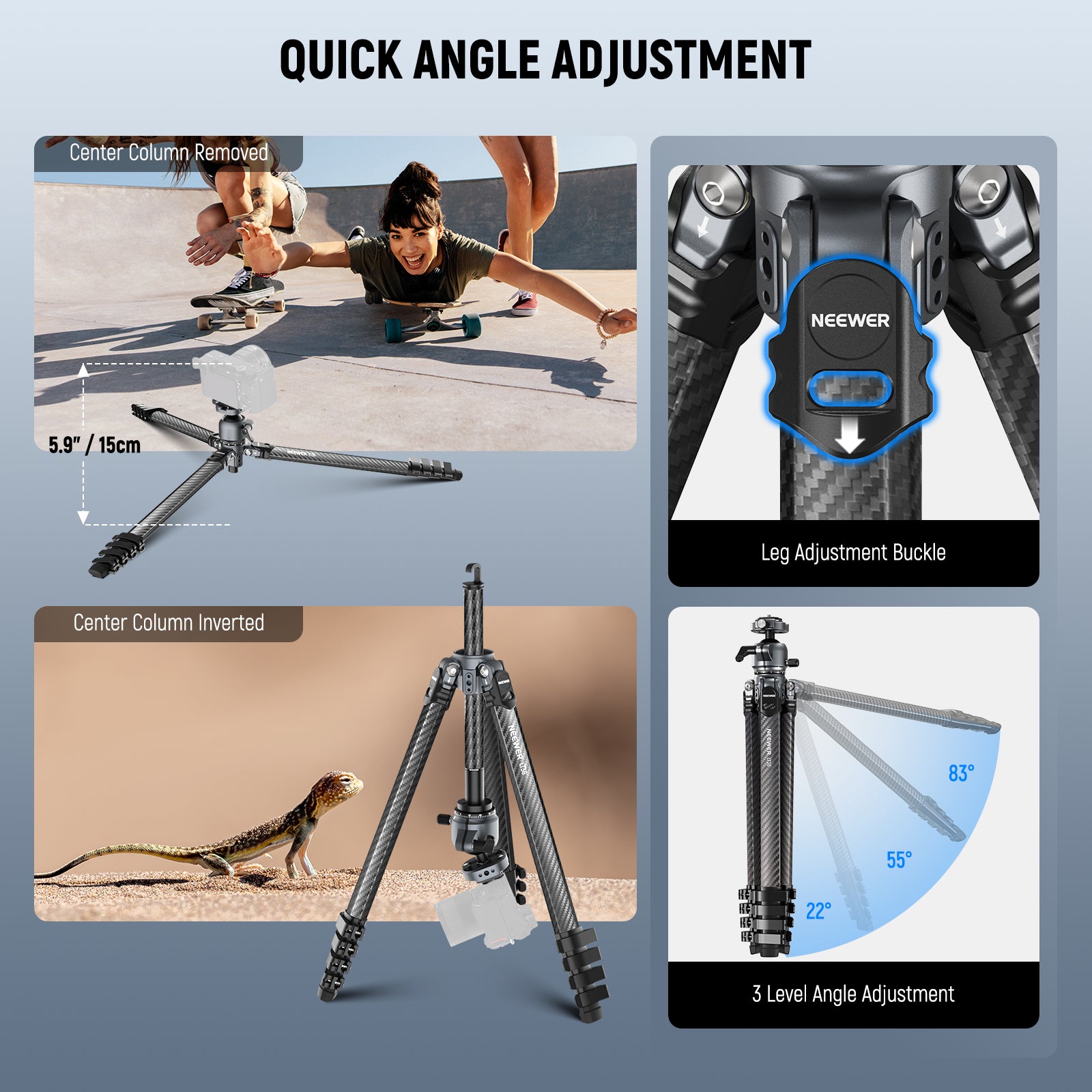 NEEWER LITETRIP LT38 Carbon Fiber Tripod allows for quick angle adjustment.