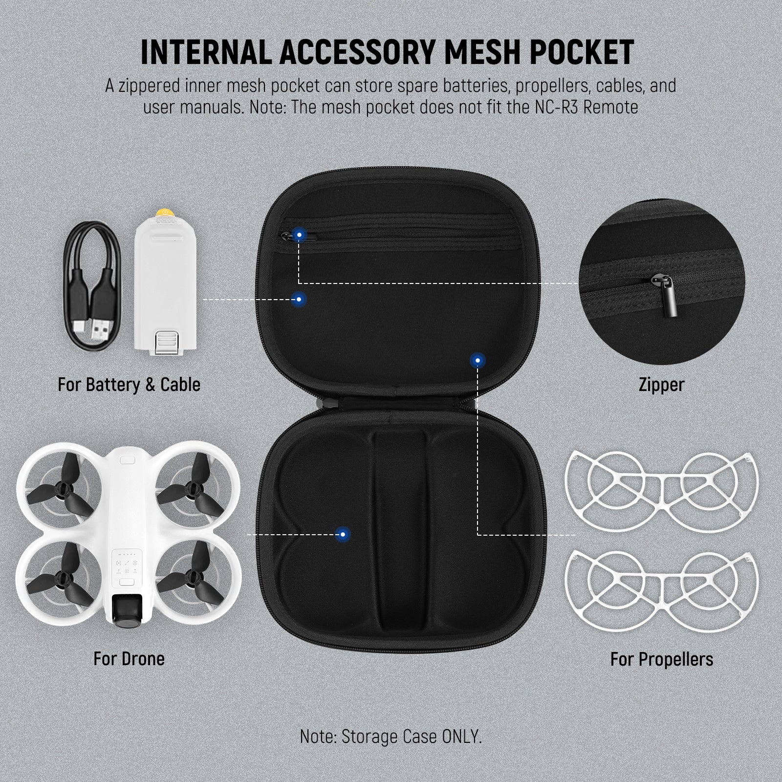 The smooth zipper fully seals the case to keep your drone and accessories safely enclosed when out and about
