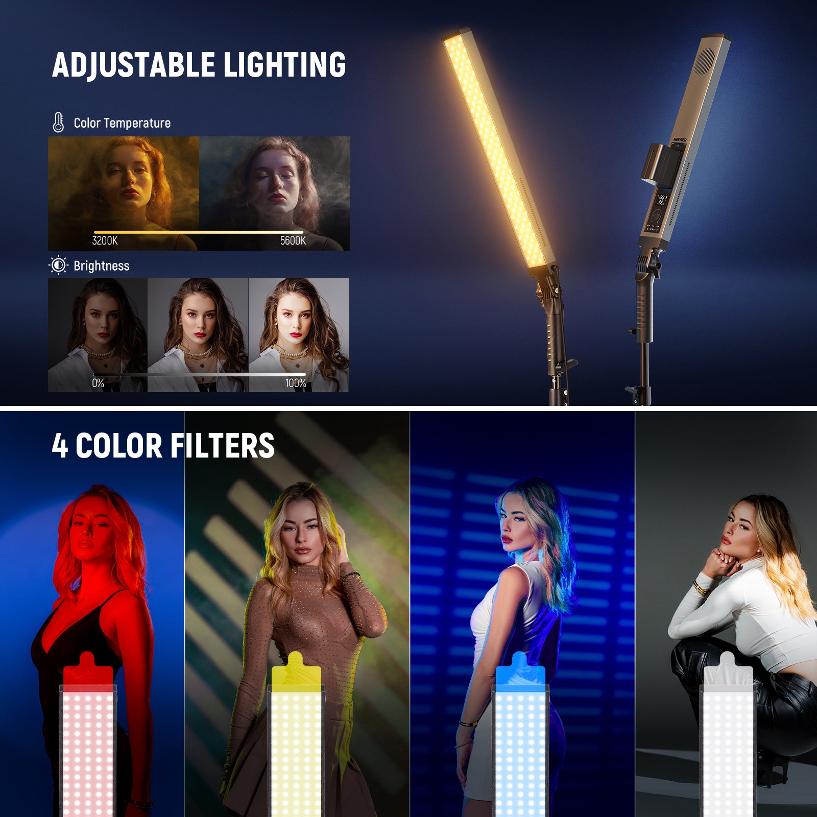 NEEWER BH20B Handheld LED Video Light Stick Kit includes four color filters.