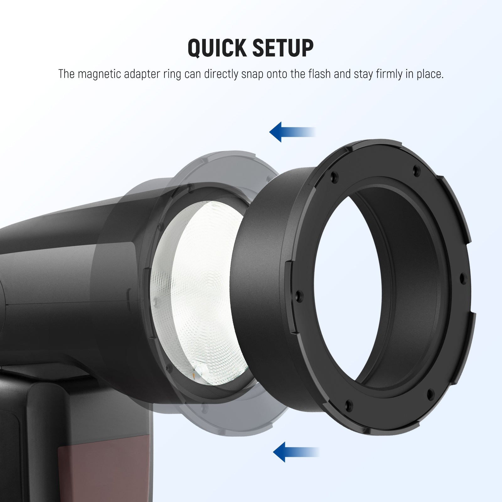 The magnetic adapter ring can directly snap onto the flash and stay firmly in place
