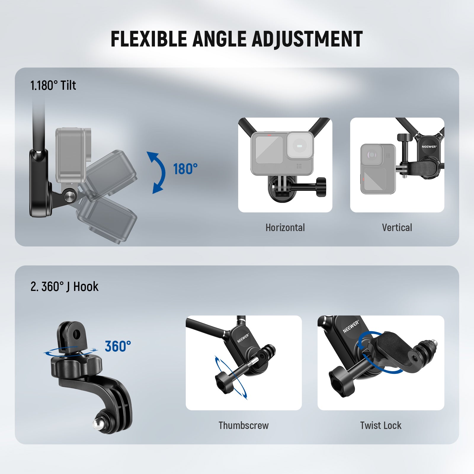 The action camera mount offers a 180° tilt for flexible angle adjustment.