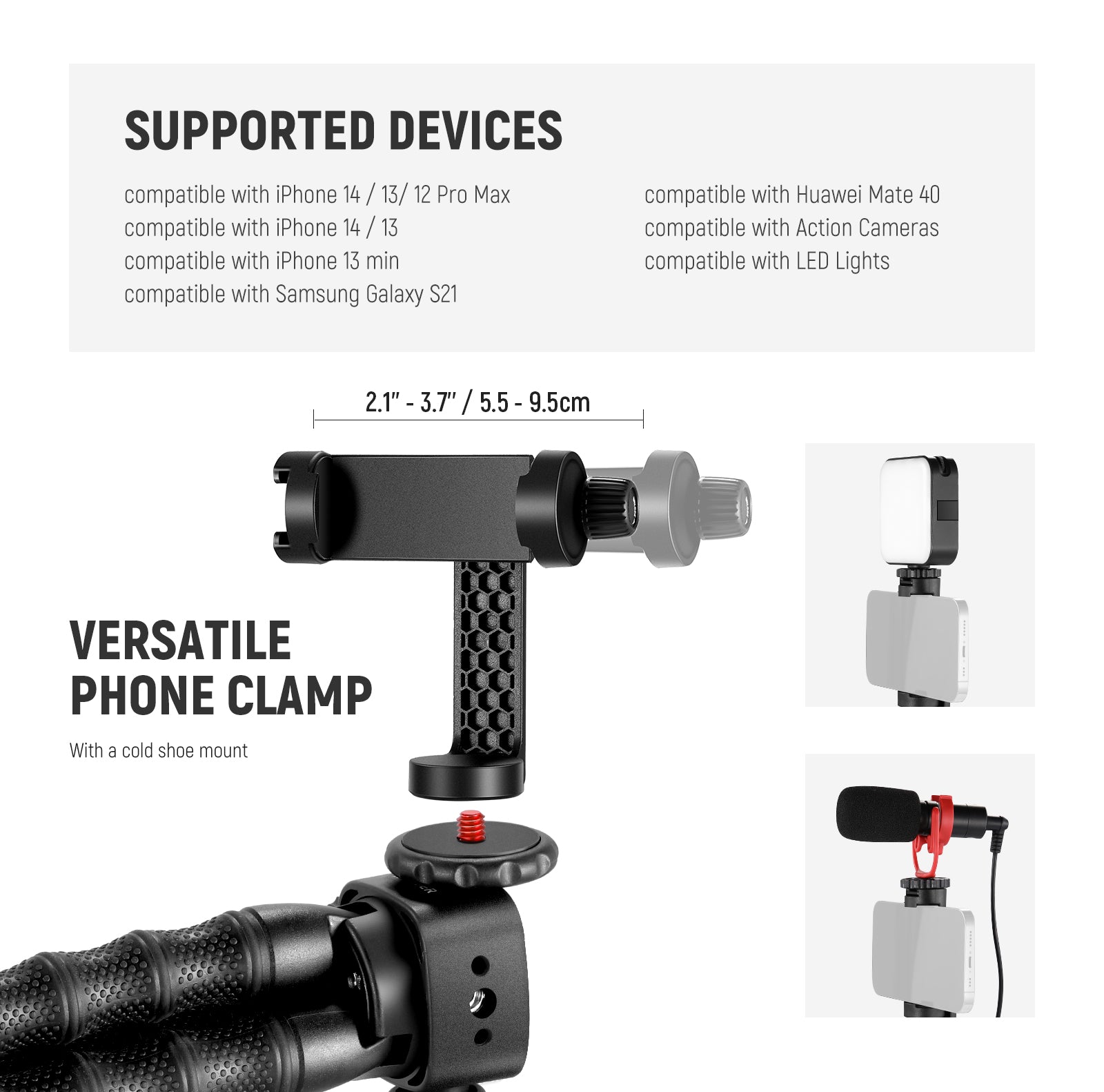 NEEWER T91 Flexible Phone Tripod with Two Magic Arms Kit includes a phone clamp.