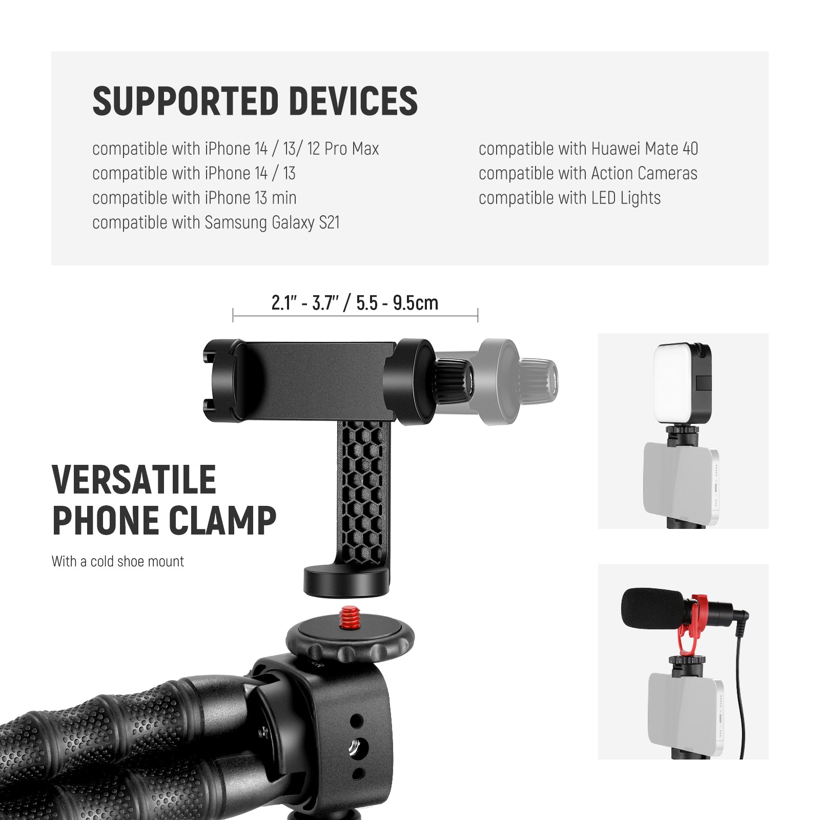 NEEWER T91 Flexible Phone Tripod with Two Magic Arms Kit includes a phone clamp.