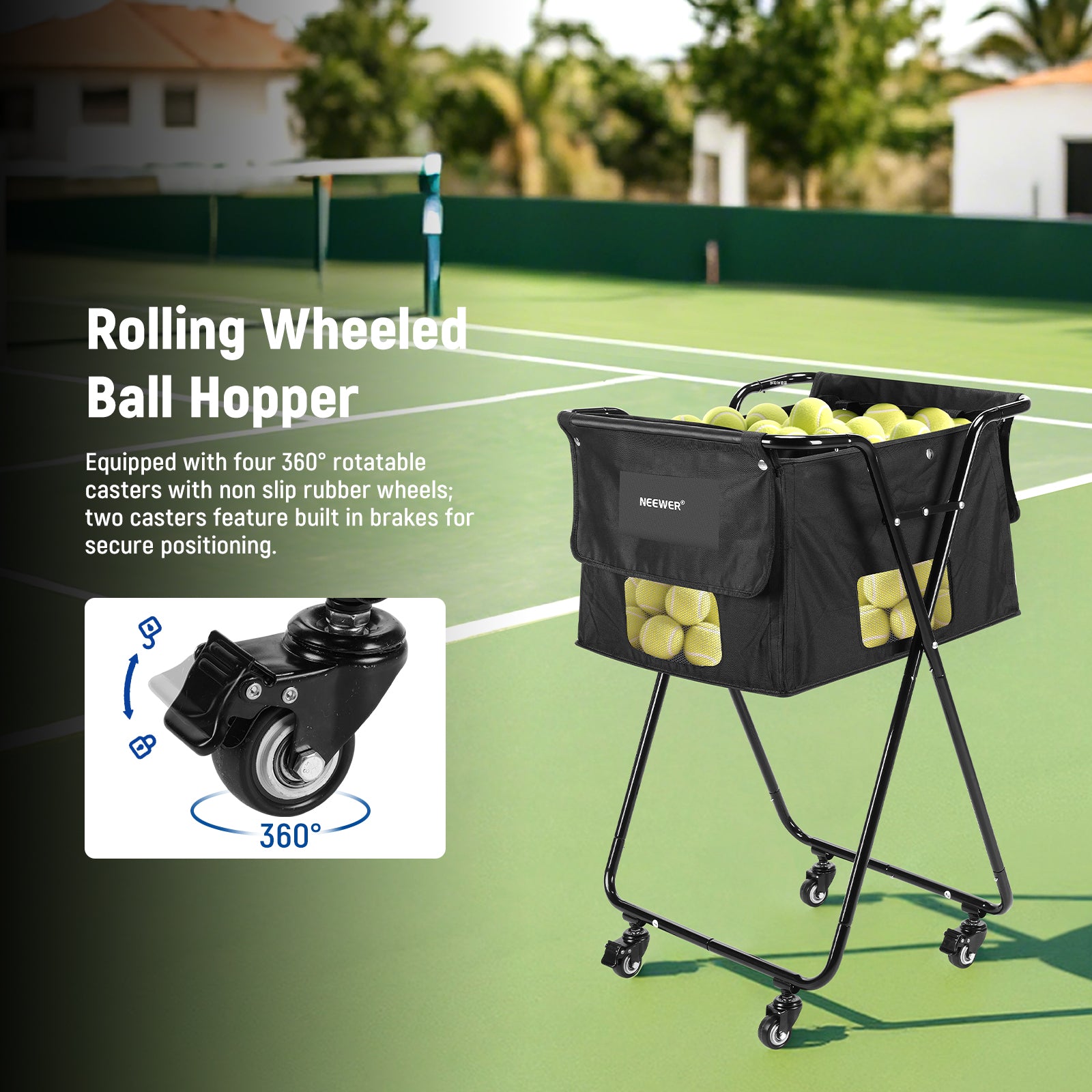 NEEWER PB01X Tennis Ball Hopper is equipped with four 360 degree rotatable casters with non slip rubber wheels.