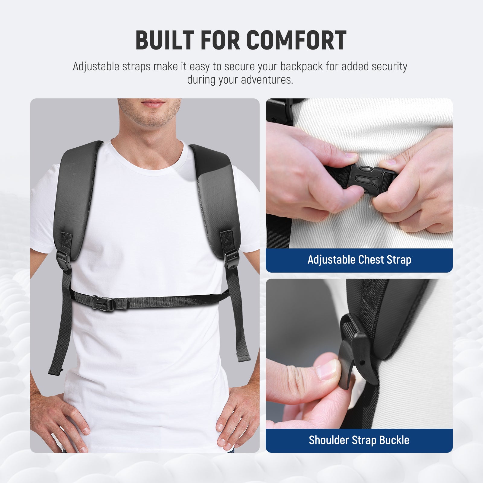 the bottom features an adjustable strap design for easy securing of the backpack
