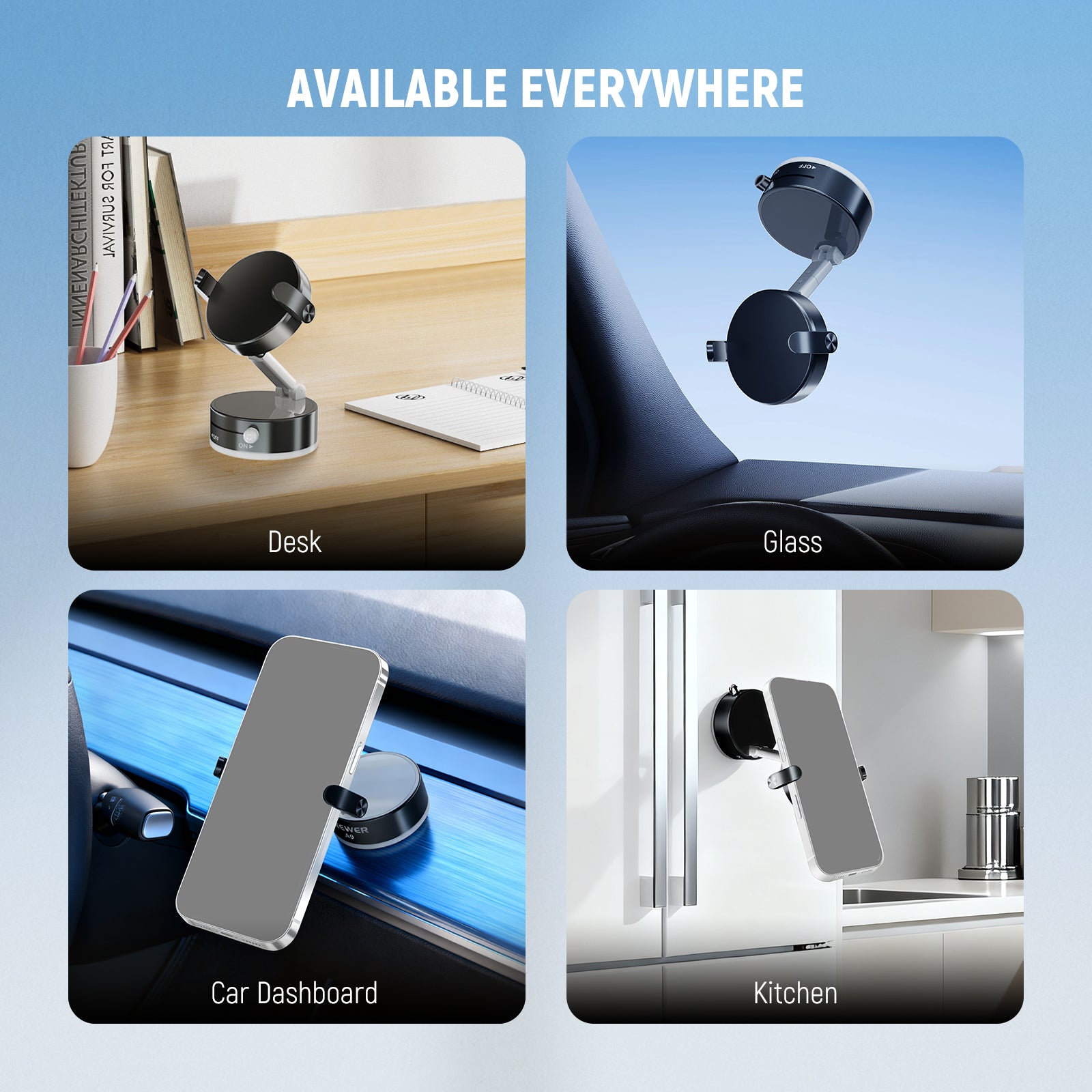 NEEWER A9 Magnetic Phone Mount Holder with Suction Cup is available everywhere, including desk, glass, kitchen, and car dashboard.