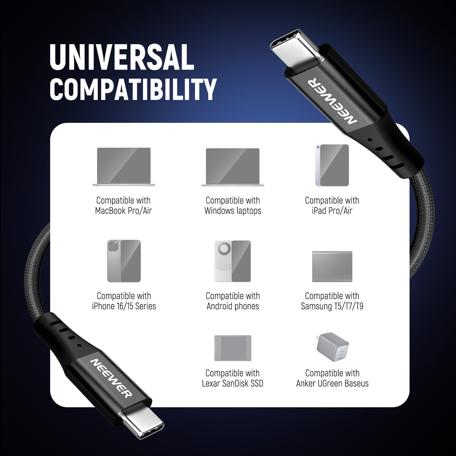 NEEWER PS009 USB C to USB C Cable has universal compatibility.