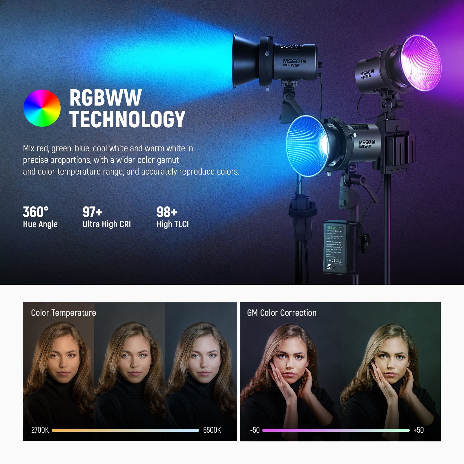 MS60C Video light uses RGBWW light mixing for enhanced color rendition.