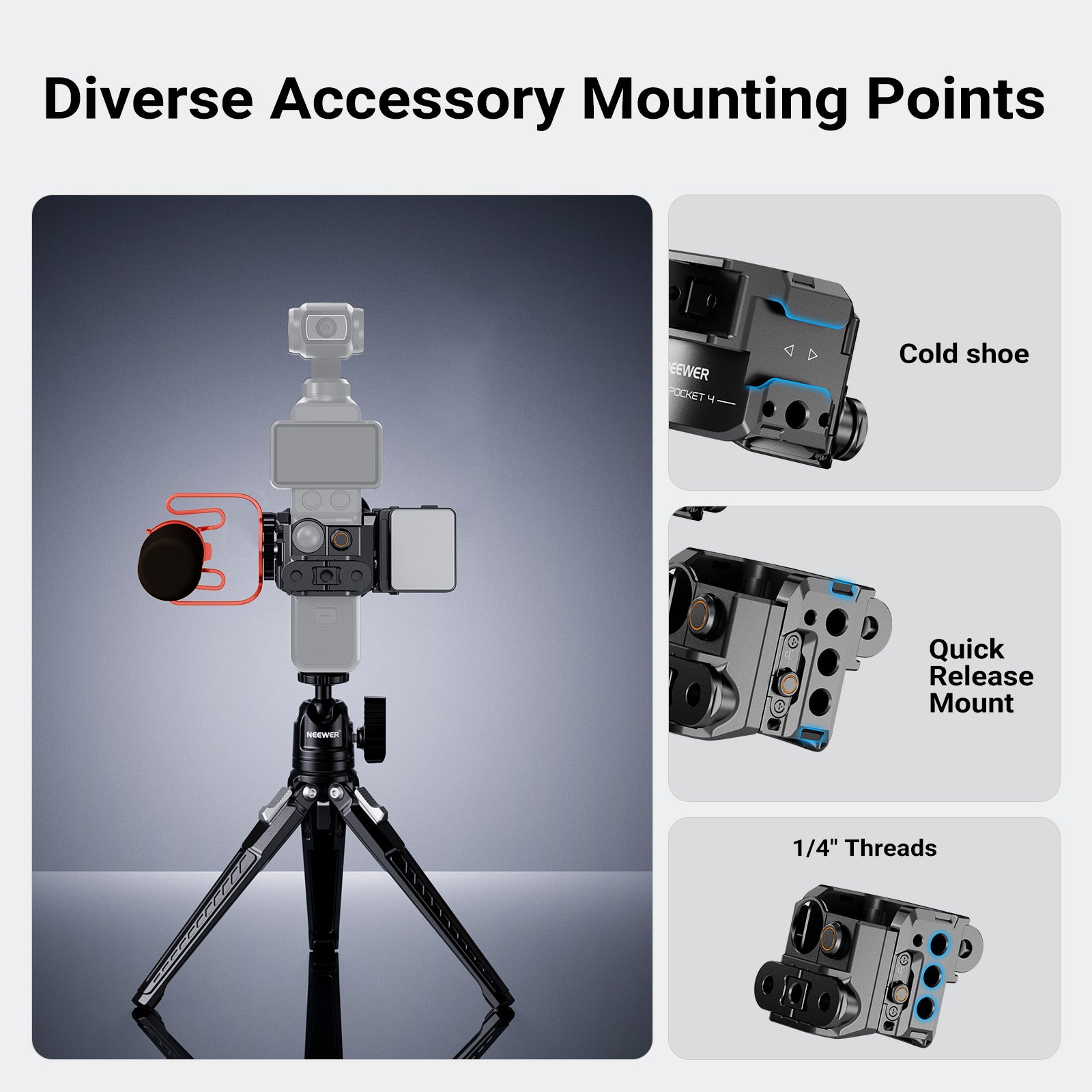NEEWER AC069 Action Camera Cage for DJI Osmo Pocket 4 features a cold shoe, a quick-release mount, and /4" threads.